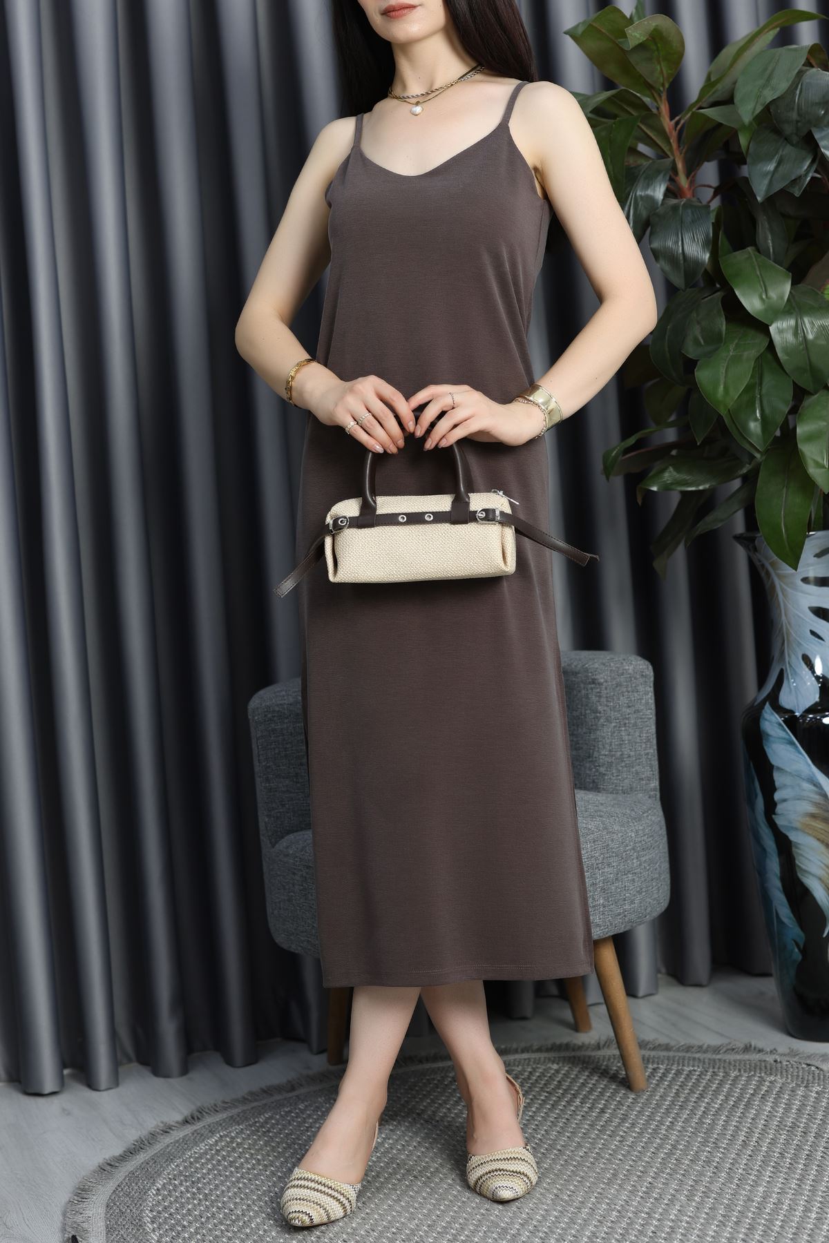 Pike Modal İp Askılı Elbise Kahve - 90065.1758.