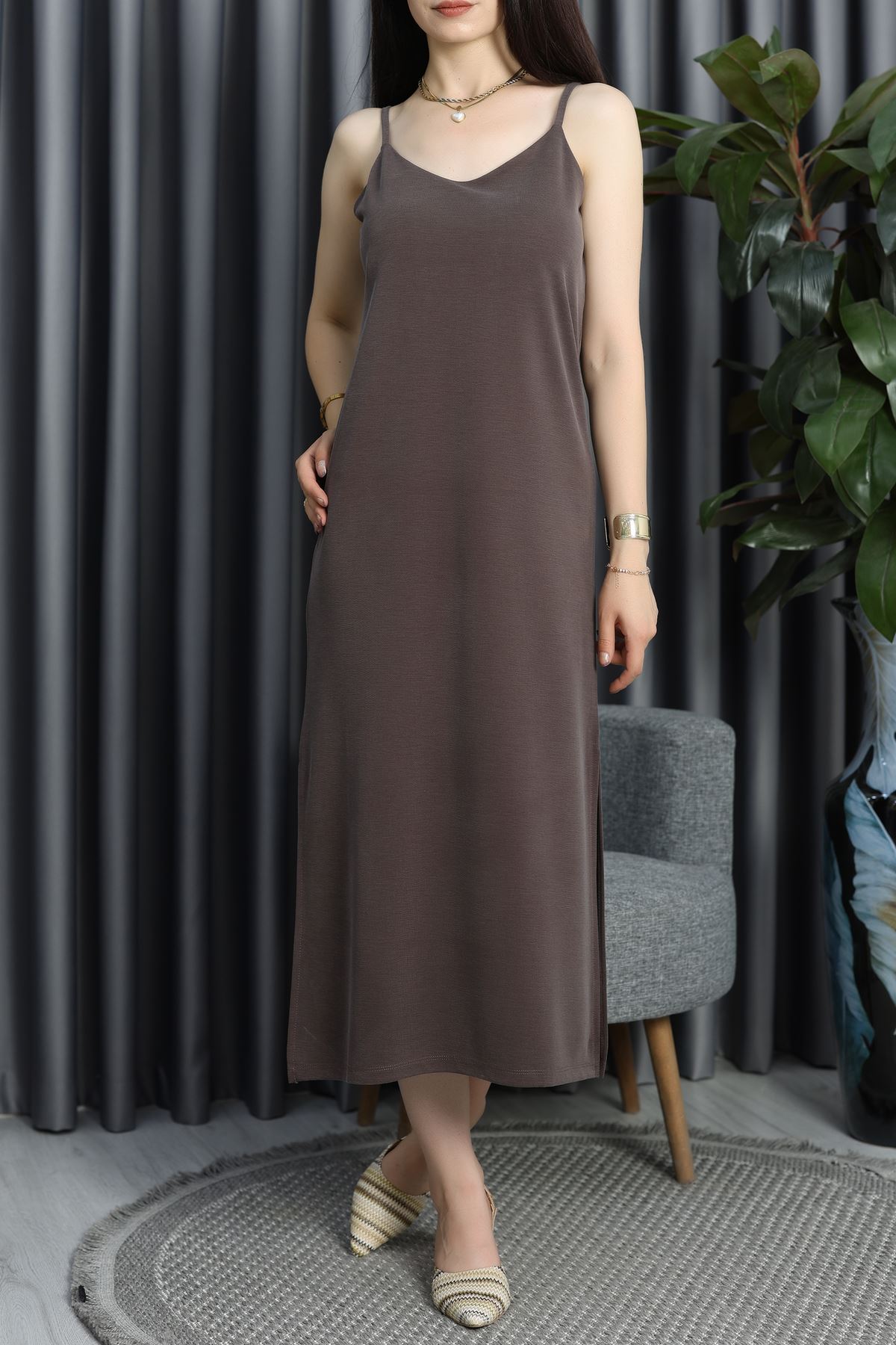 Pike Modal İp Askılı Elbise Kahve - 90065.1758.