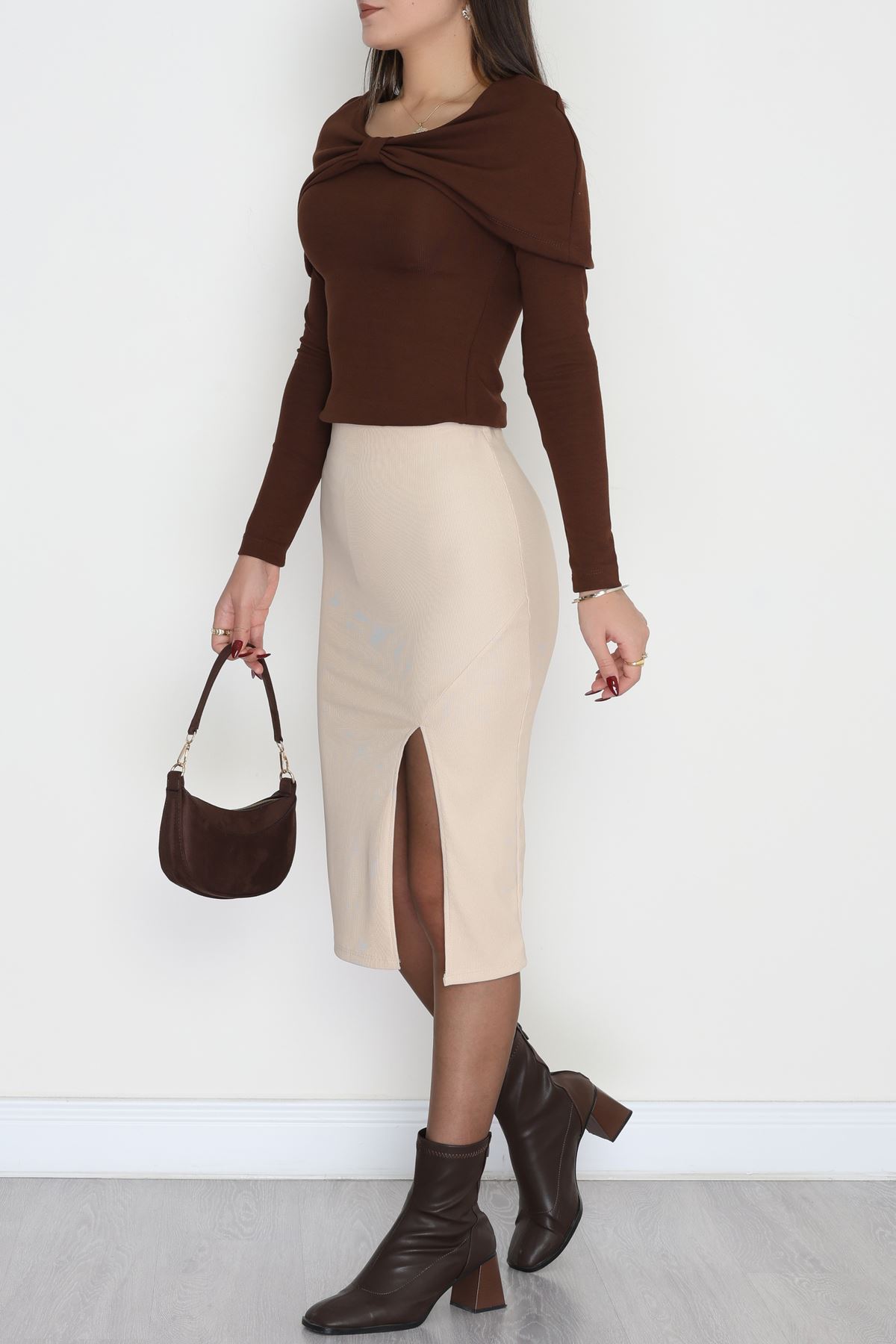 Ottoman Kumaş Yırtmaçlı Kalem Etek Bej - 51040.1223.