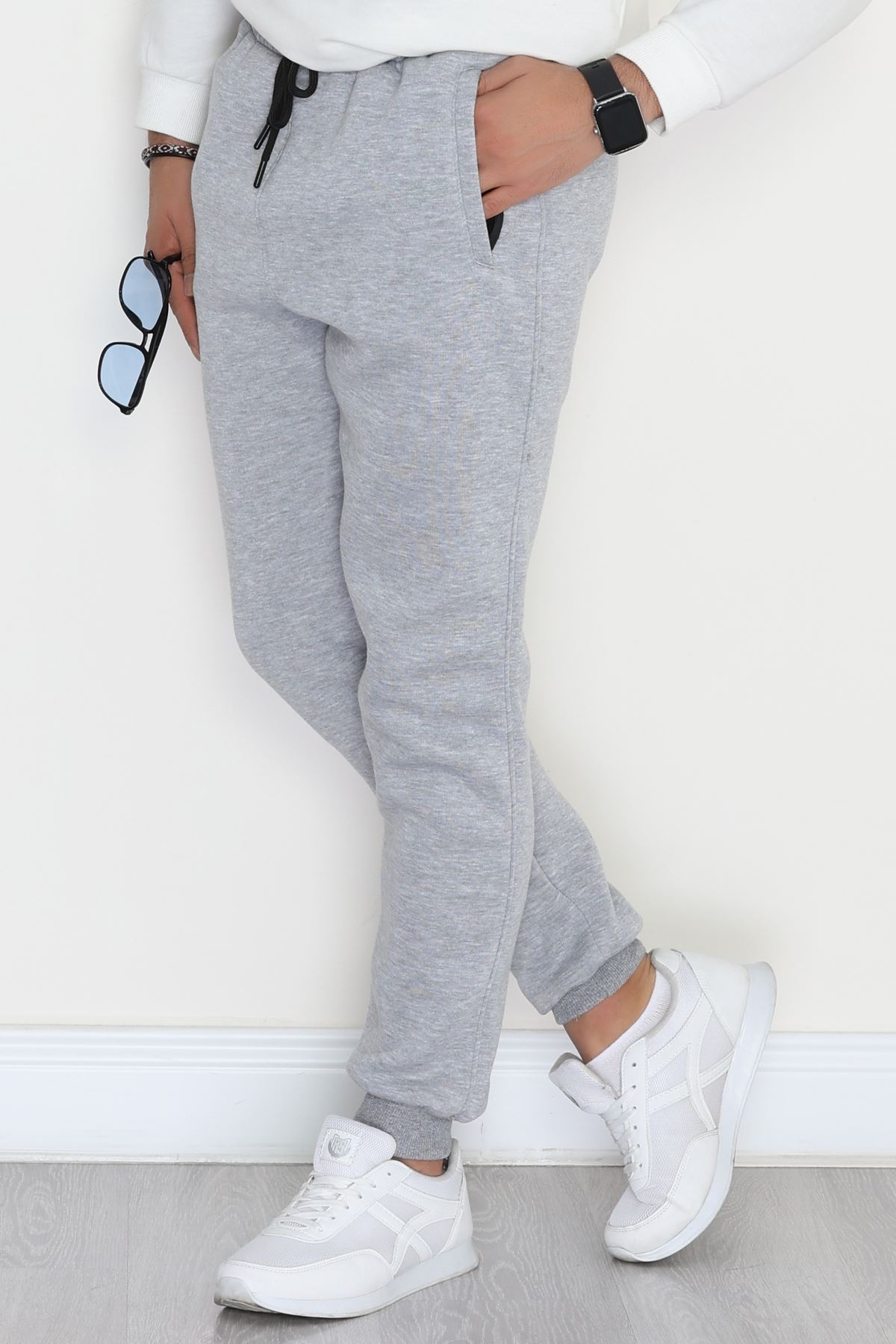 3 İplik Şardonlu Paça Nakışlı Erkek Eşofman Altı Gri - 31615.2066.