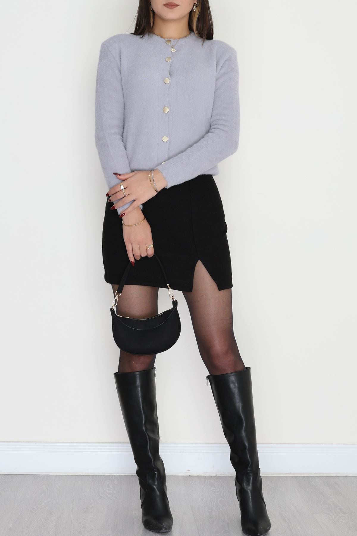 Yırtmaçlı Likralı Kaşe Etek Siyah - 51050.167.