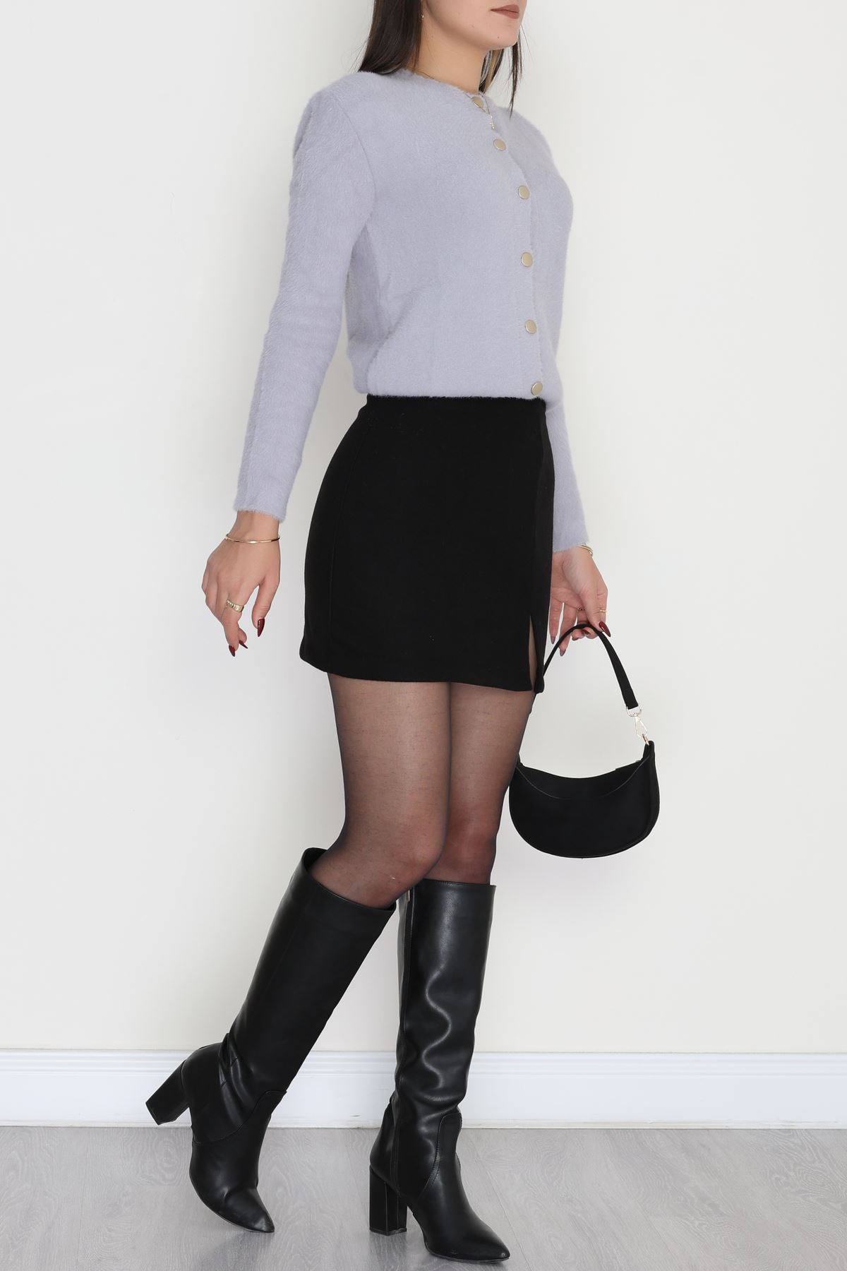 Yırtmaçlı Likralı Kaşe Etek Siyah - 51050.167.