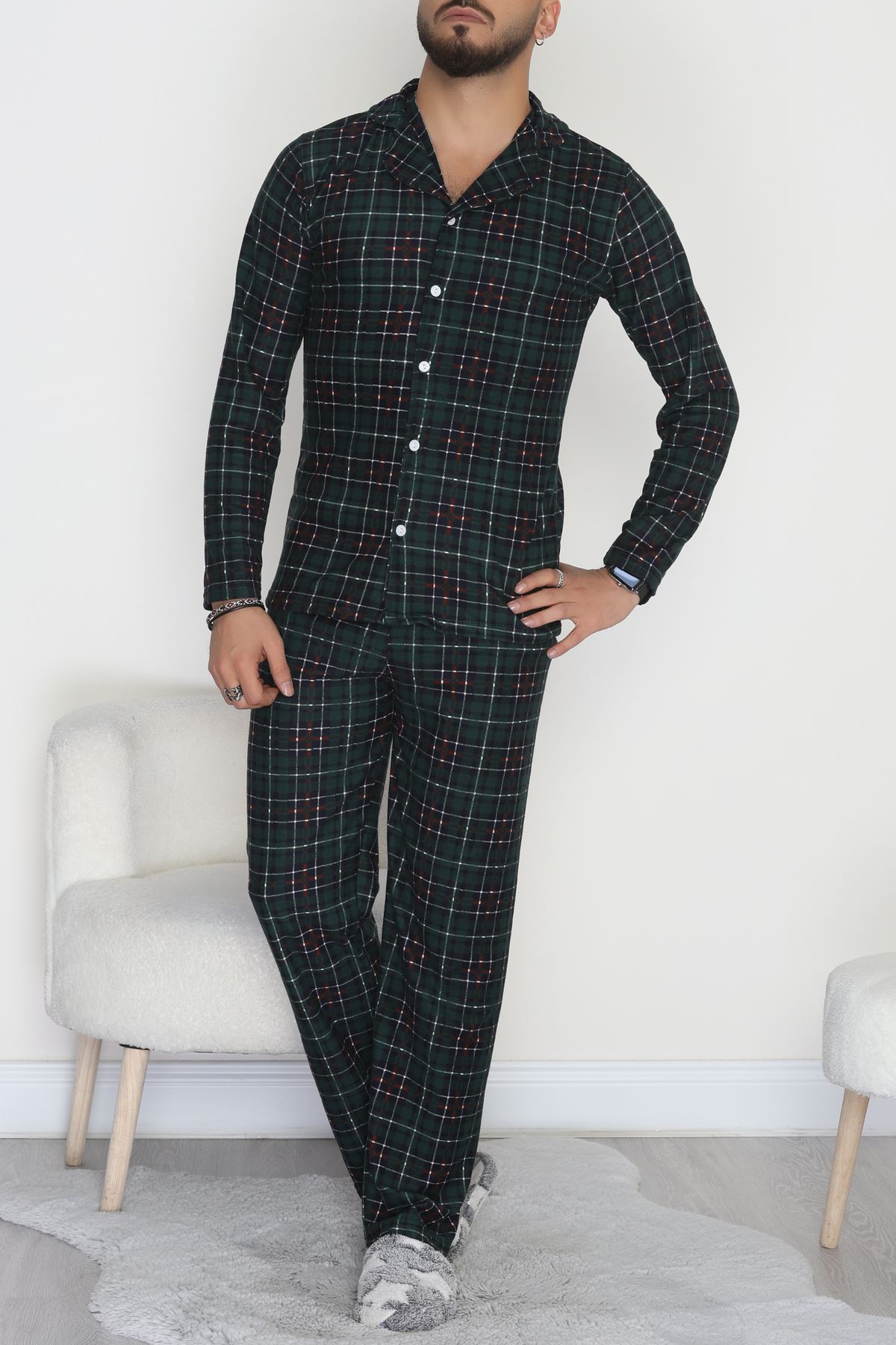 Önü Düğmeli Süet Erkek Pijama Takımı Zümrüt - 42662.2028.