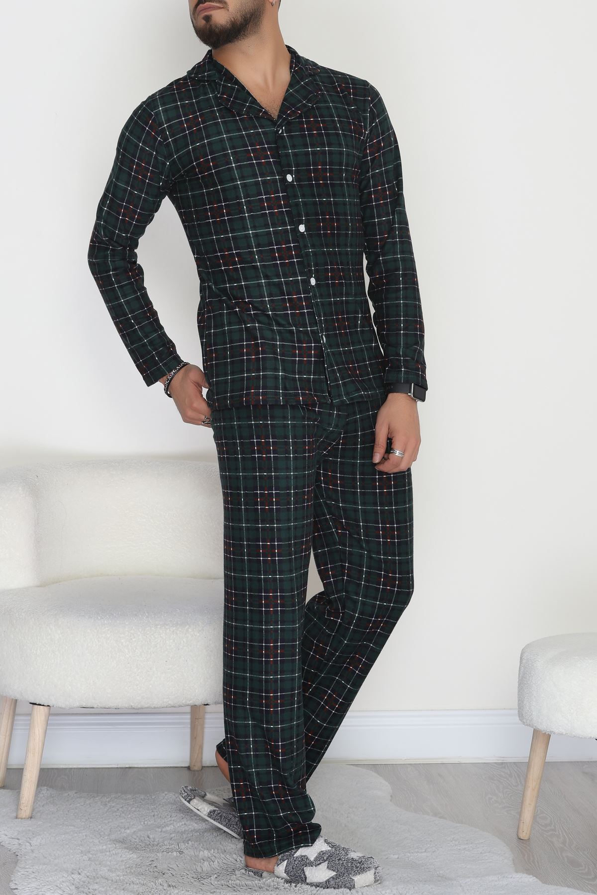 Önü Düğmeli Süet Erkek Pijama Takımı Zümrüt - 42662.2028.