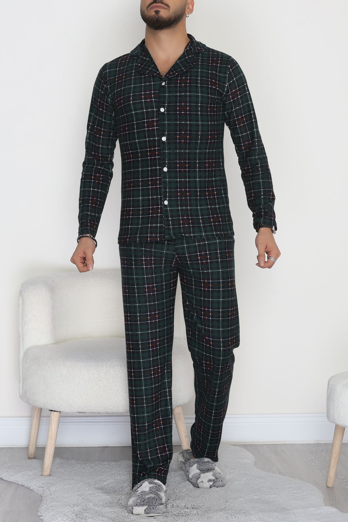 Önü Düğmeli Süet Erkek Pijama Takımı Zümrüt - 42662.2028.