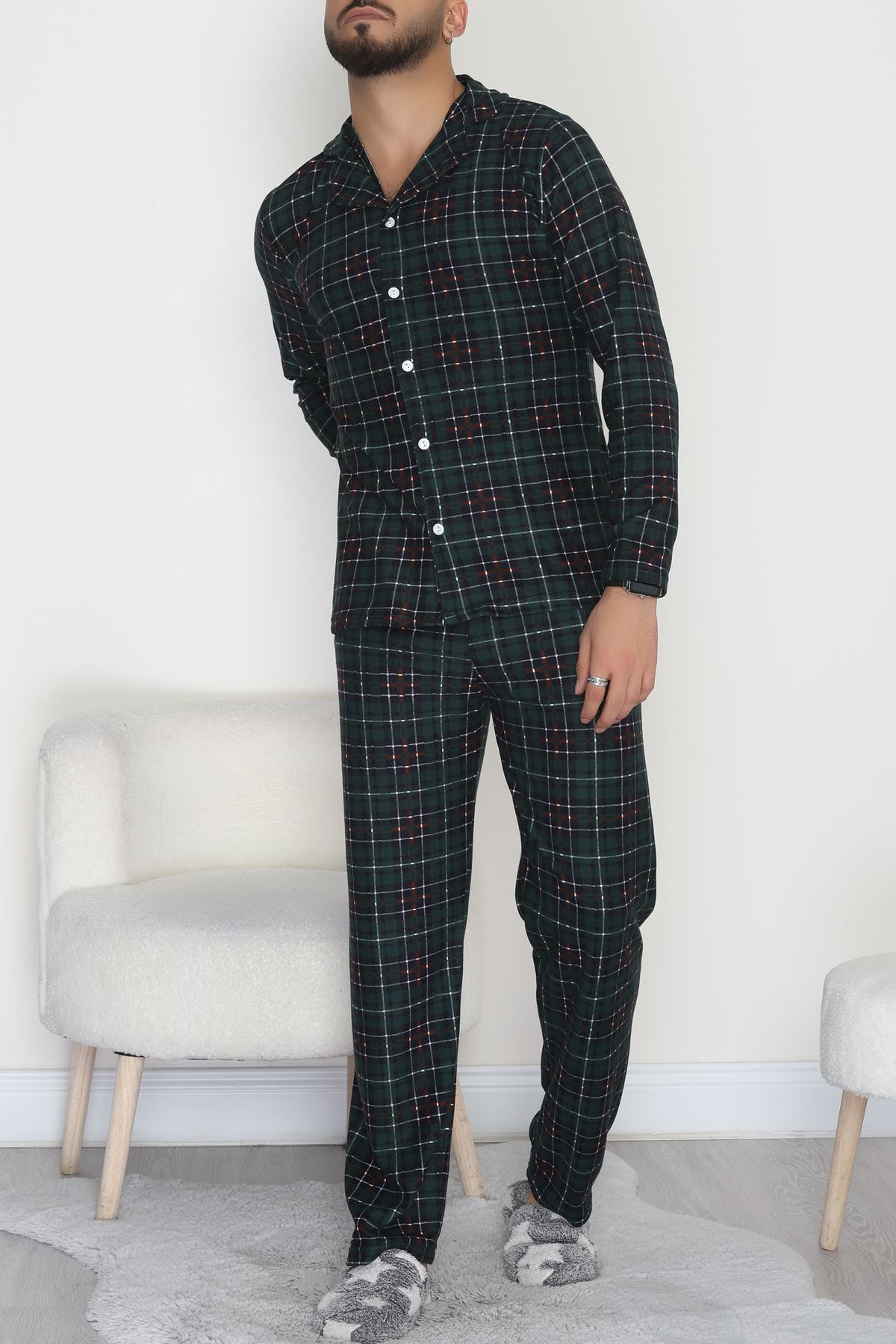 Önü Düğmeli Süet Erkek Pijama Takımı Zümrüt - 42662.2028.