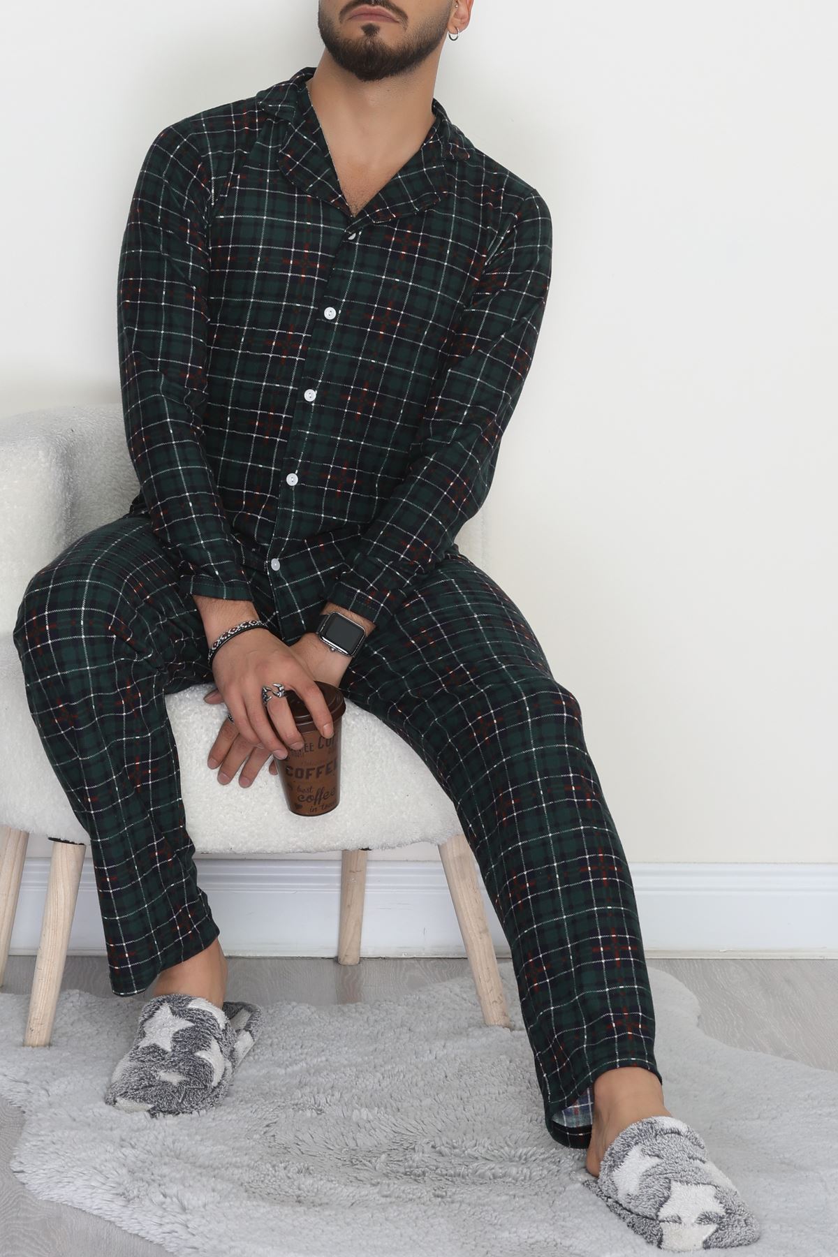Önü Düğmeli Süet Erkek Pijama Takımı Zümrüt - 42662.2028.