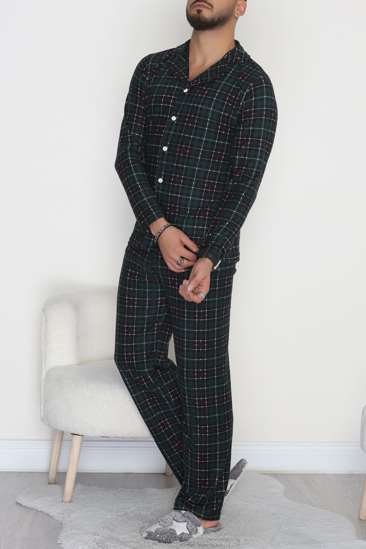 Önü Düğmeli Süet Erkek Pijama Takımı Zümrüt - 42662.2028.