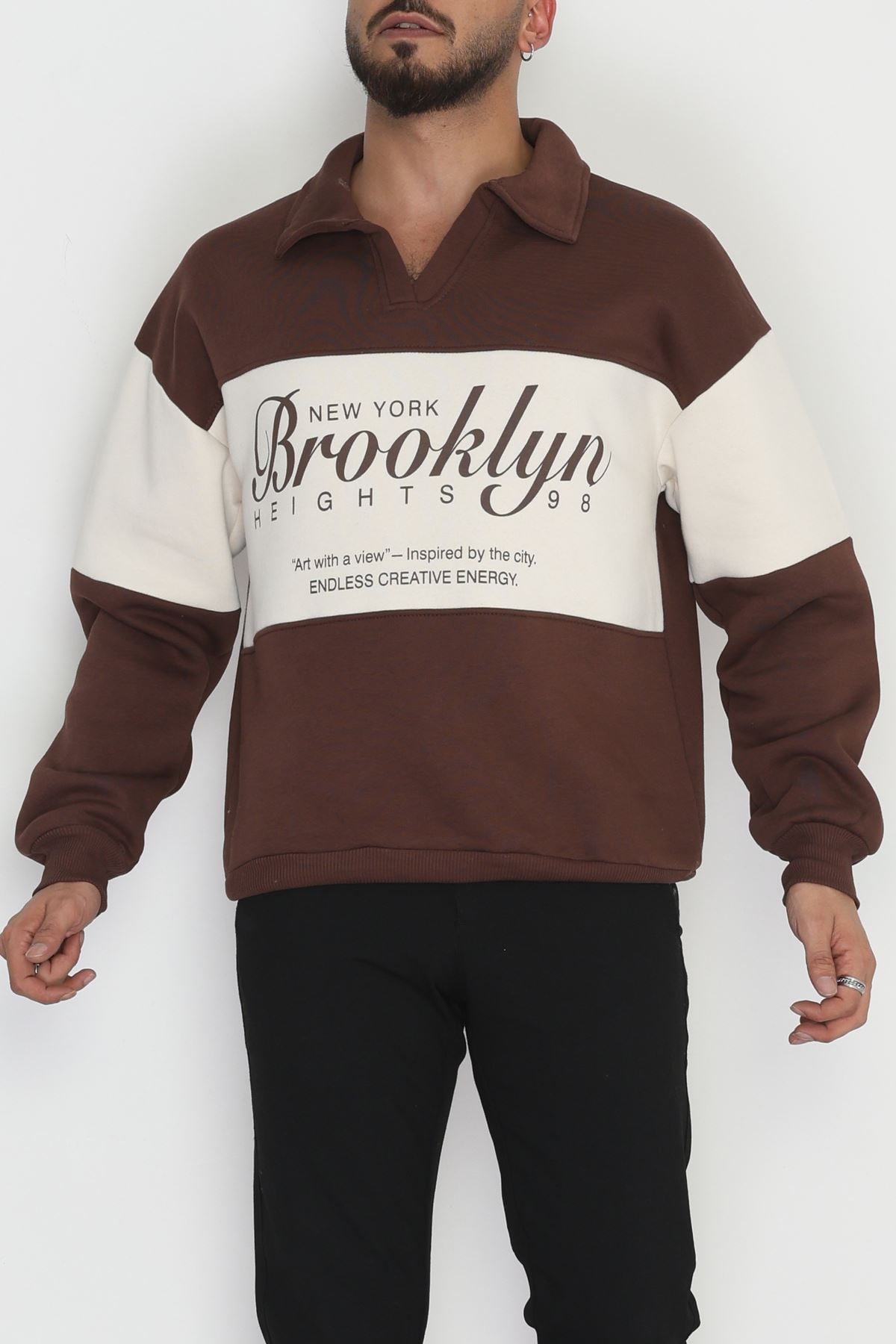 3 İplik Şardonlu Baskılı Erkek Sweat Kahve - 31611.1872.