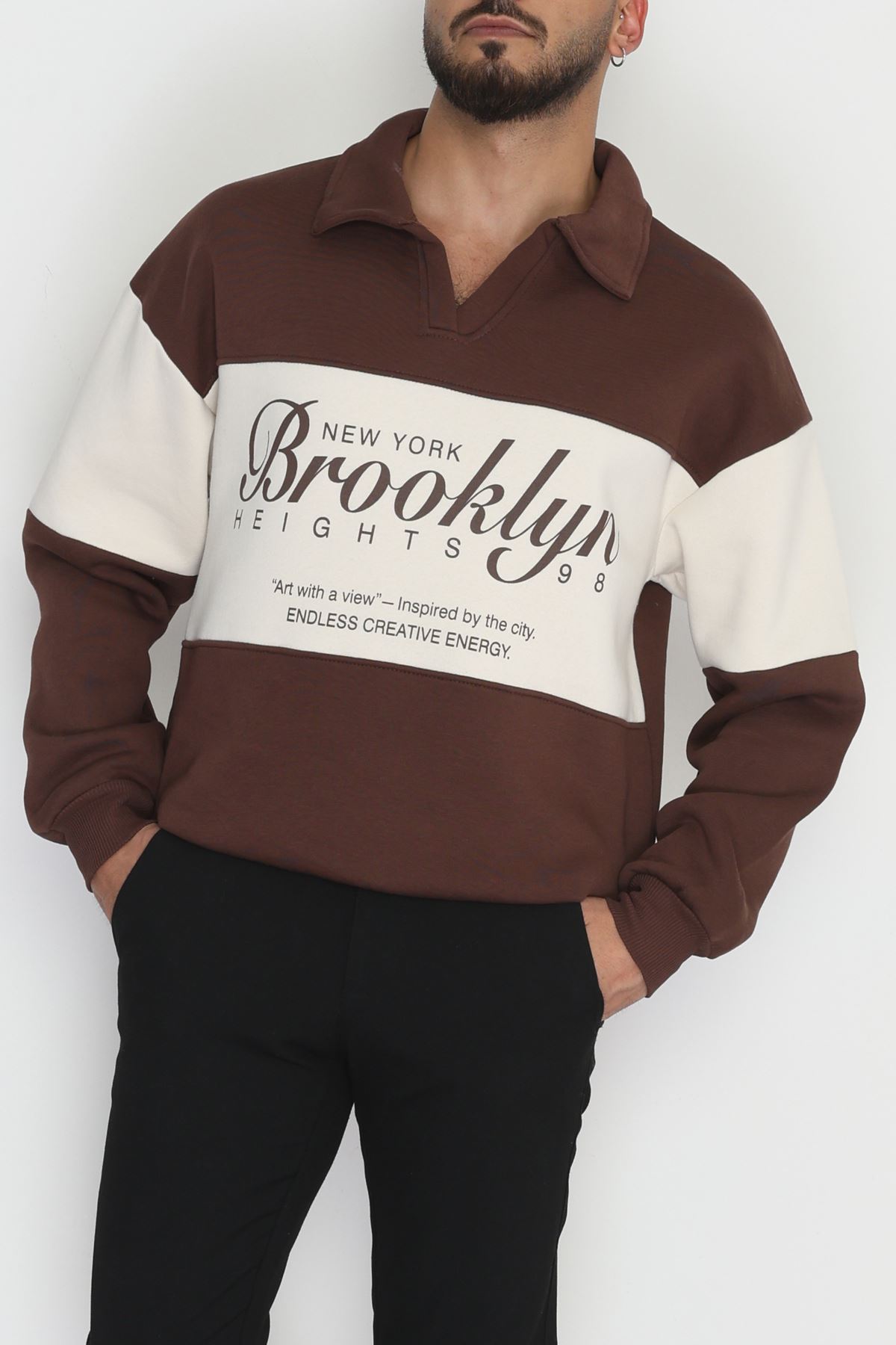 3 İplik Şardonlu Baskılı Erkek Sweat Kahve - 31611.1872.