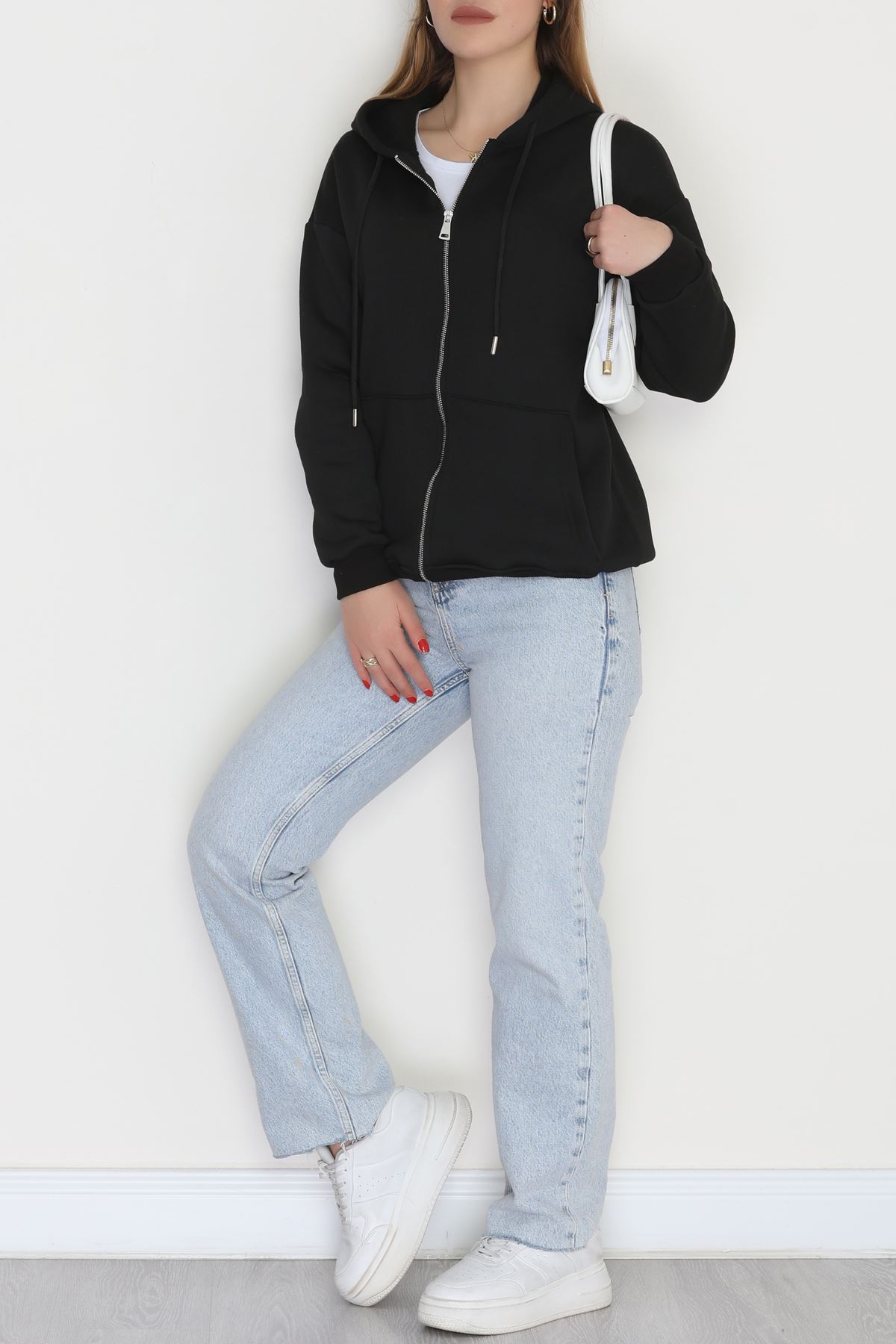 3 İplik Şardonlu Fermuarlı Kapşonlu Sweat Siyah - 52070.2113.