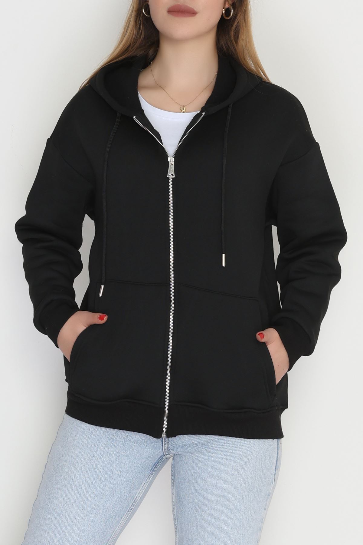 3 İplik Şardonlu Fermuarlı Kapşonlu Sweat Siyah - 52070.2113.