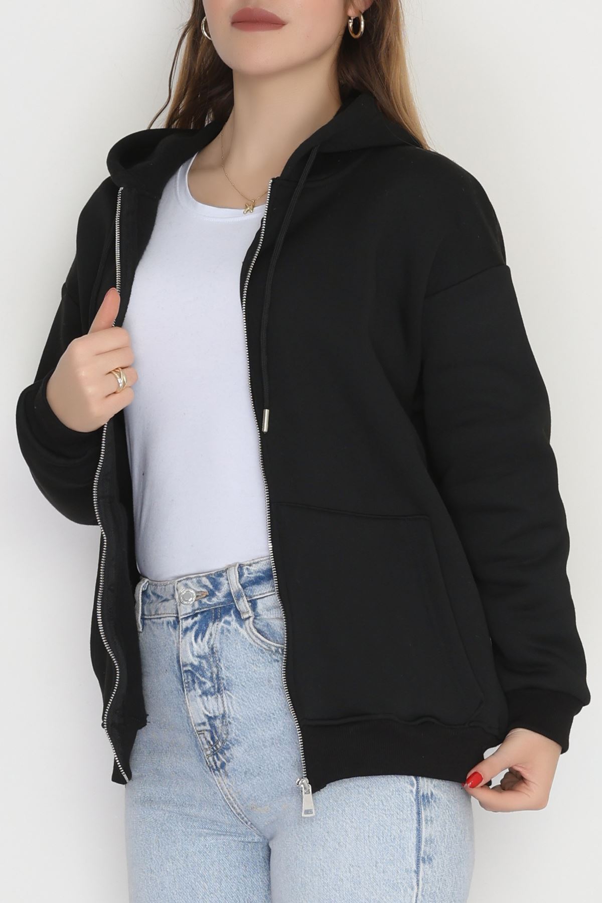 3 İplik Şardonlu Fermuarlı Kapşonlu Sweat Siyah - 52070.2113.