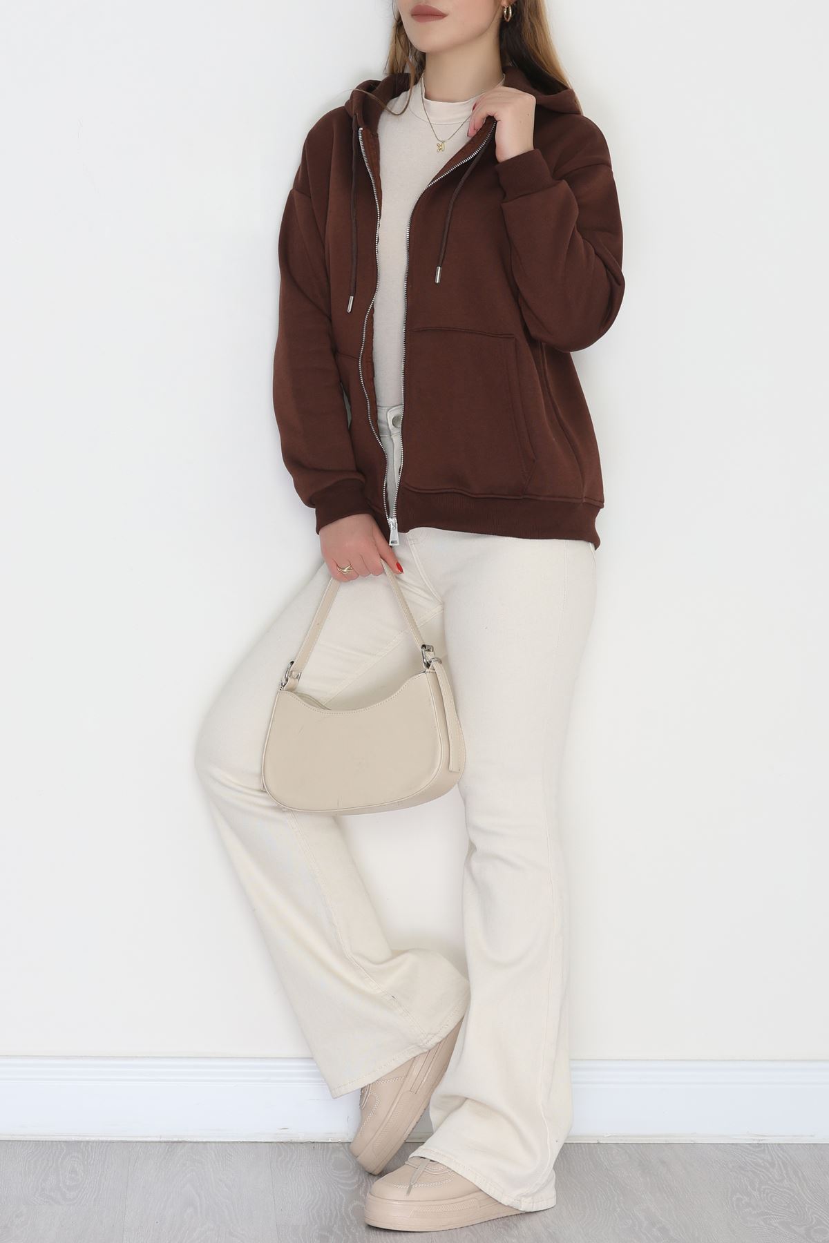 3 İplik Şardonlu Fermuarlı Kapşonlu Sweat Kahve - 52070.2113.