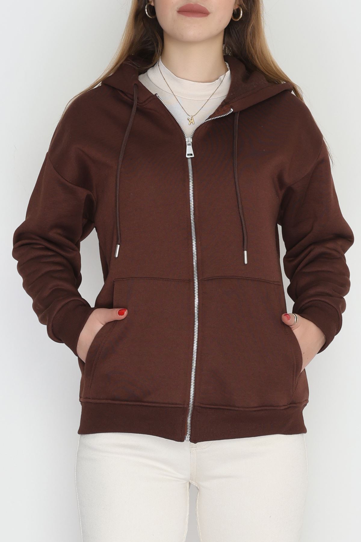 3 İplik Şardonlu Fermuarlı Kapşonlu Sweat Kahve - 52070.2113.