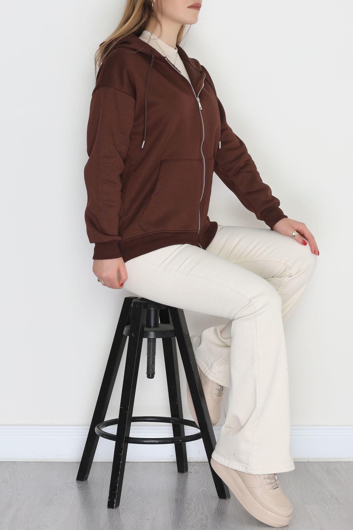 3 İplik Şardonlu Fermuarlı Kapşonlu Sweat Kahve - 52070.2113.