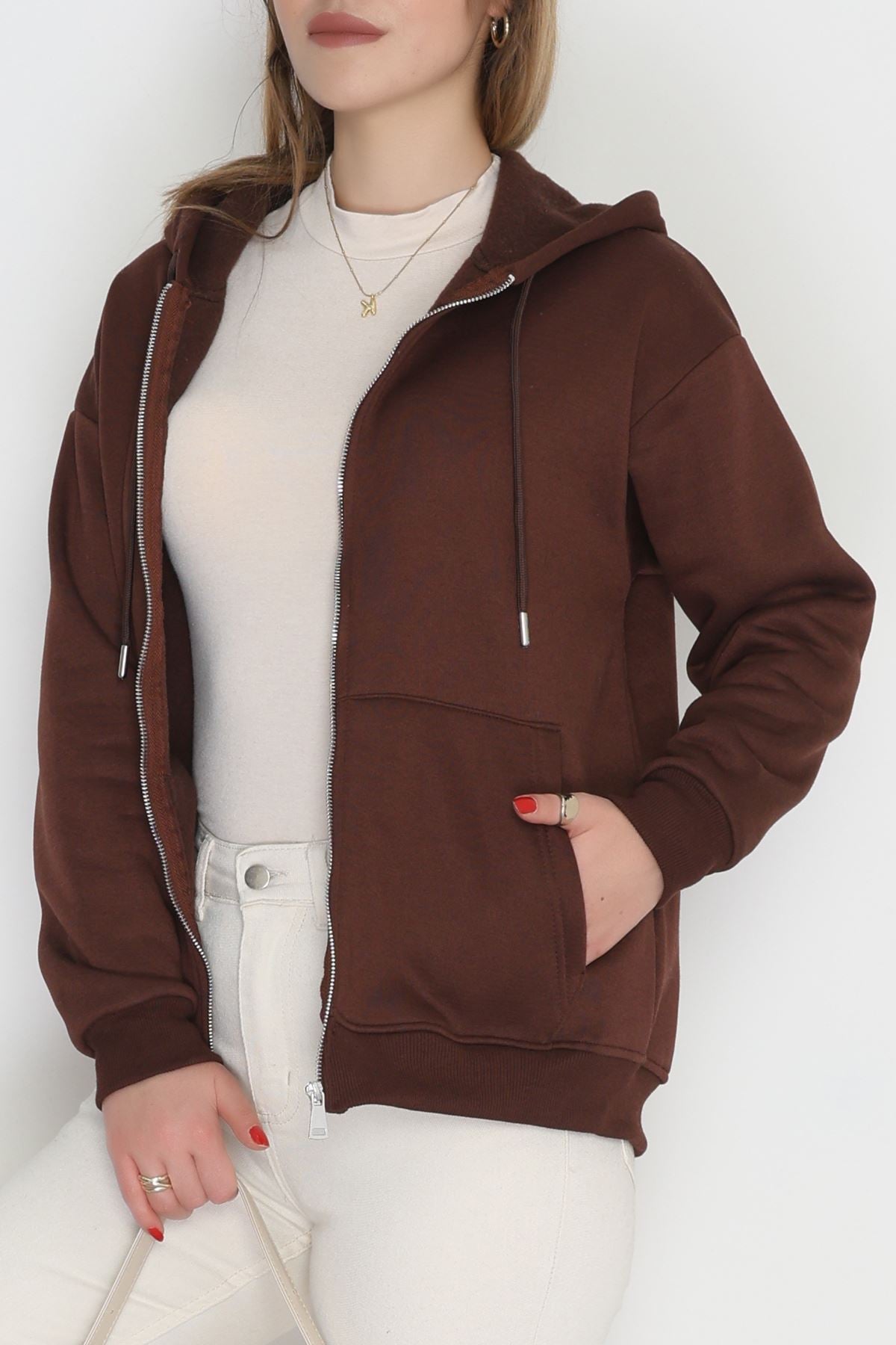 3 İplik Şardonlu Fermuarlı Kapşonlu Sweat Kahve - 52070.2113.