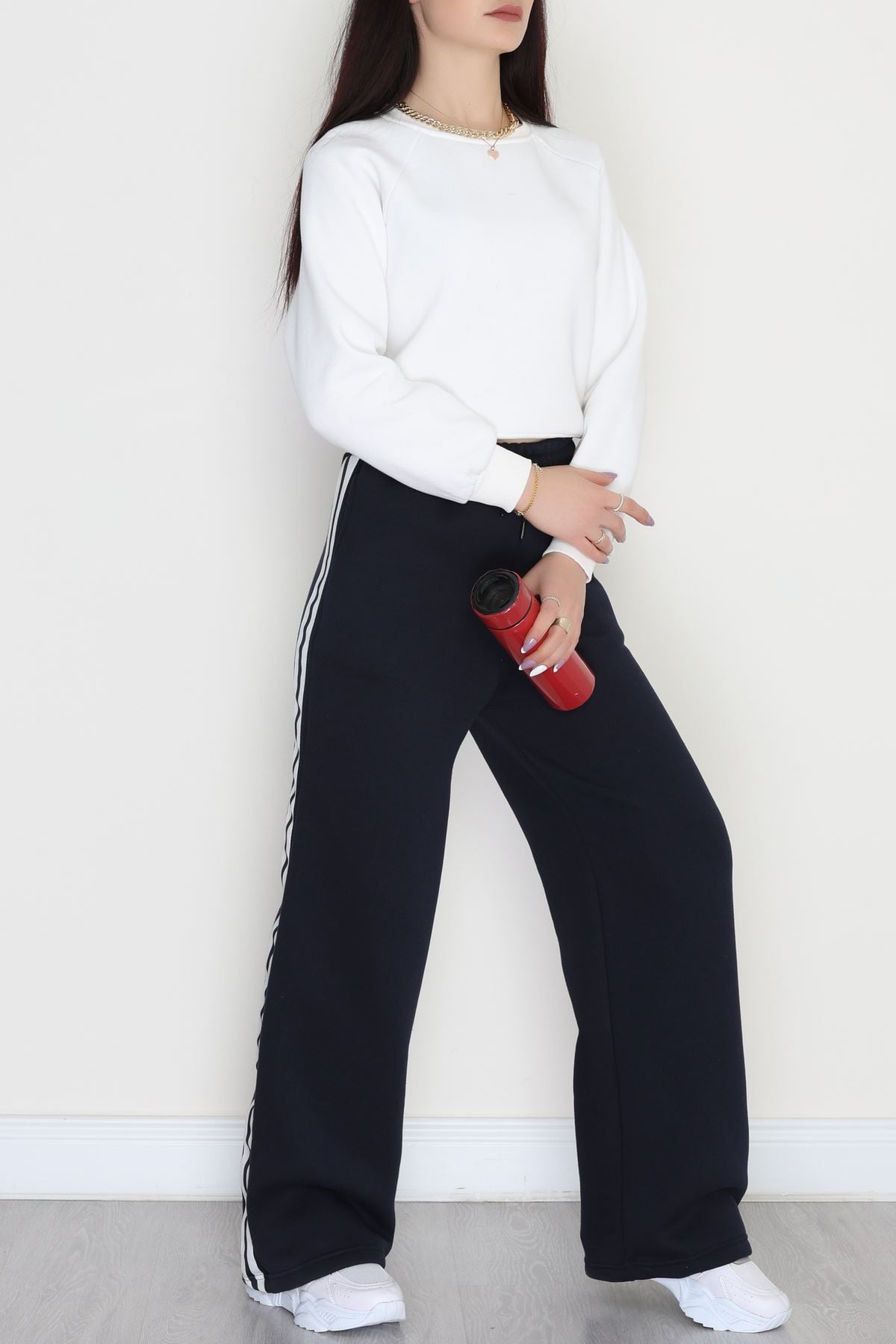 3 İplik Şardonlu Şeritli Eşofman Altı Lacivert - 52023.1857.