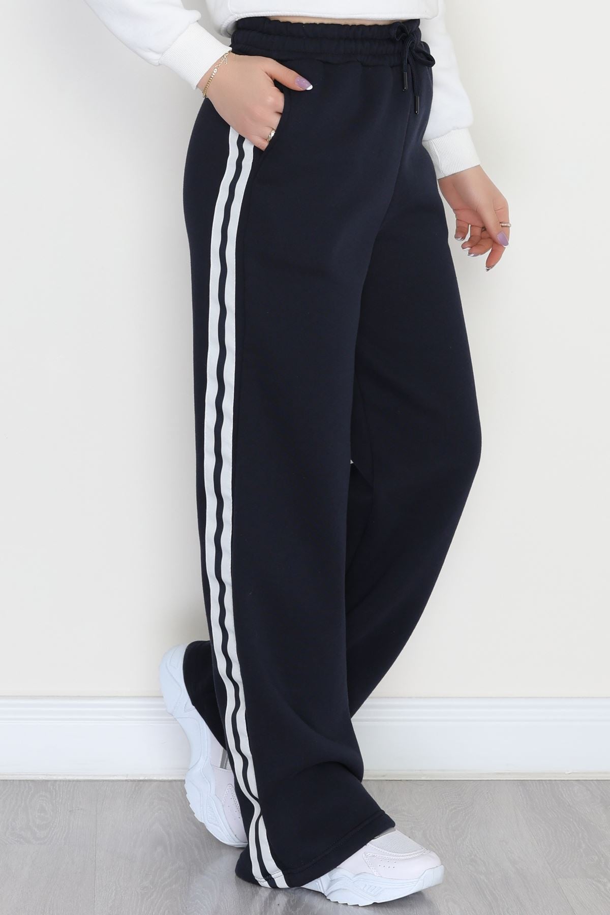 3 İplik Şardonlu Şeritli Eşofman Altı Lacivert - 52023.1857.