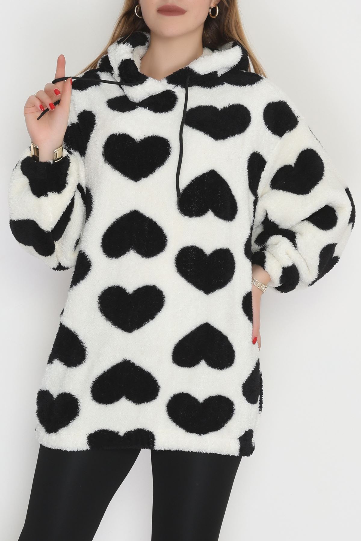 Welsoft Kumaş Kalpli Kapşonlu Sweat Beyazsiyah - 31606.308.