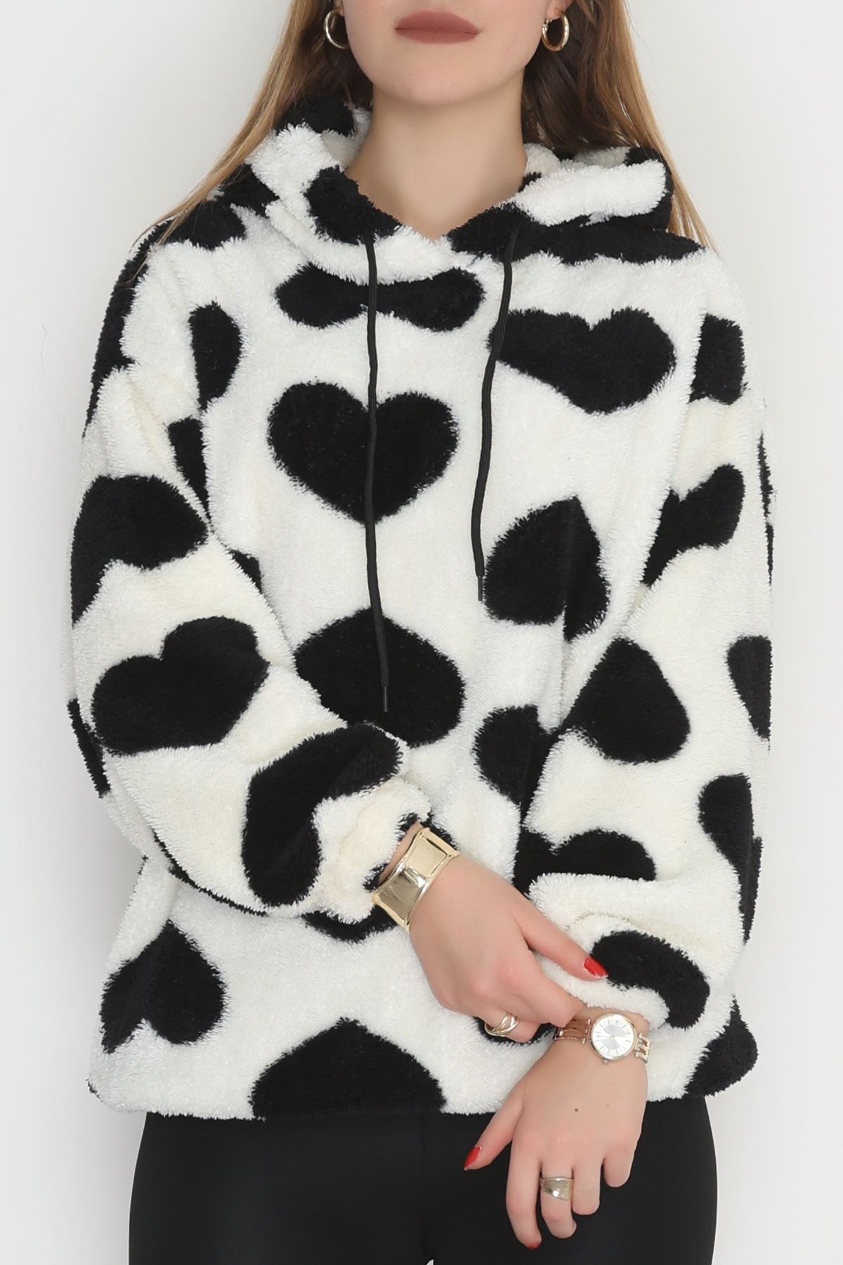 Welsoft Kumaş Kalpli Kapşonlu Sweat Beyazsiyah - 31606.308.