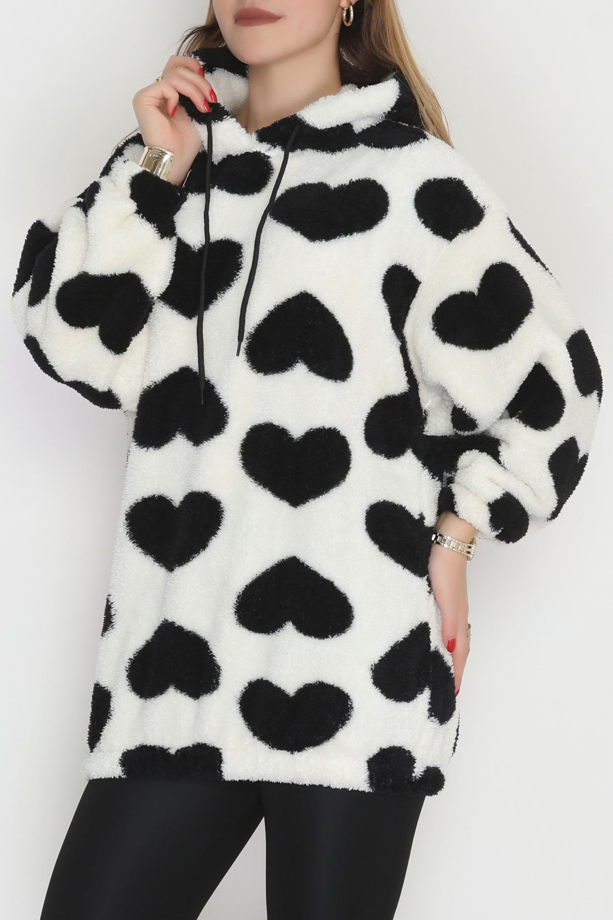 Welsoft Kumaş Kalpli Kapşonlu Sweat Beyazsiyah - 31606.308.