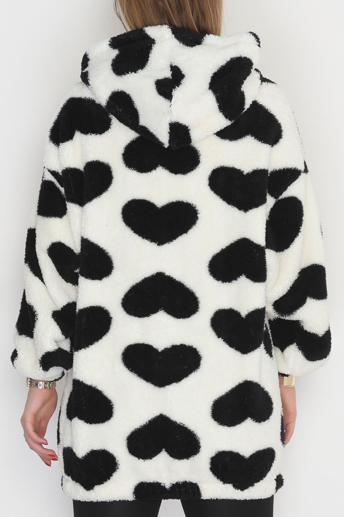 Welsoft Kumaş Kalpli Kapşonlu Sweat Beyazsiyah - 31606.308.