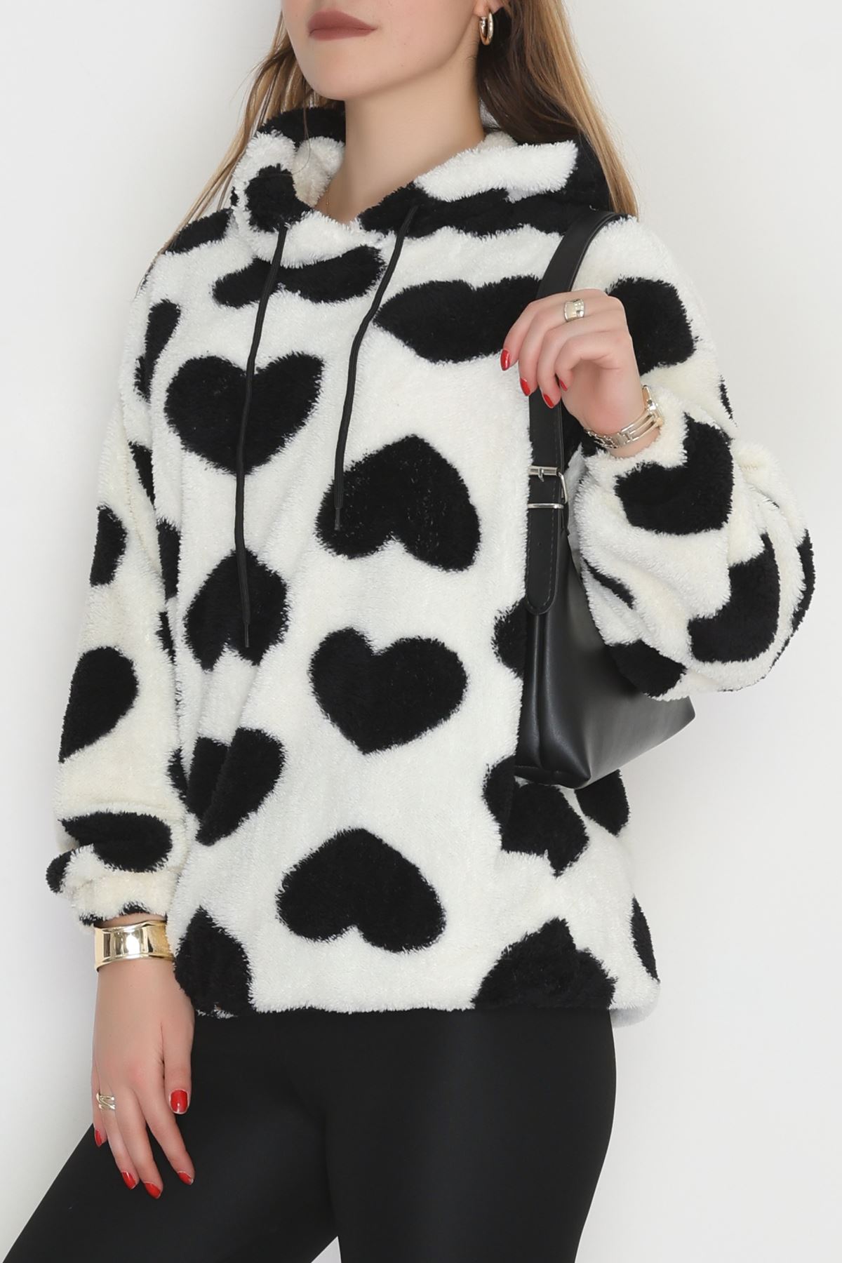 Welsoft Kumaş Kalpli Kapşonlu Sweat Beyazsiyah - 31606.308.