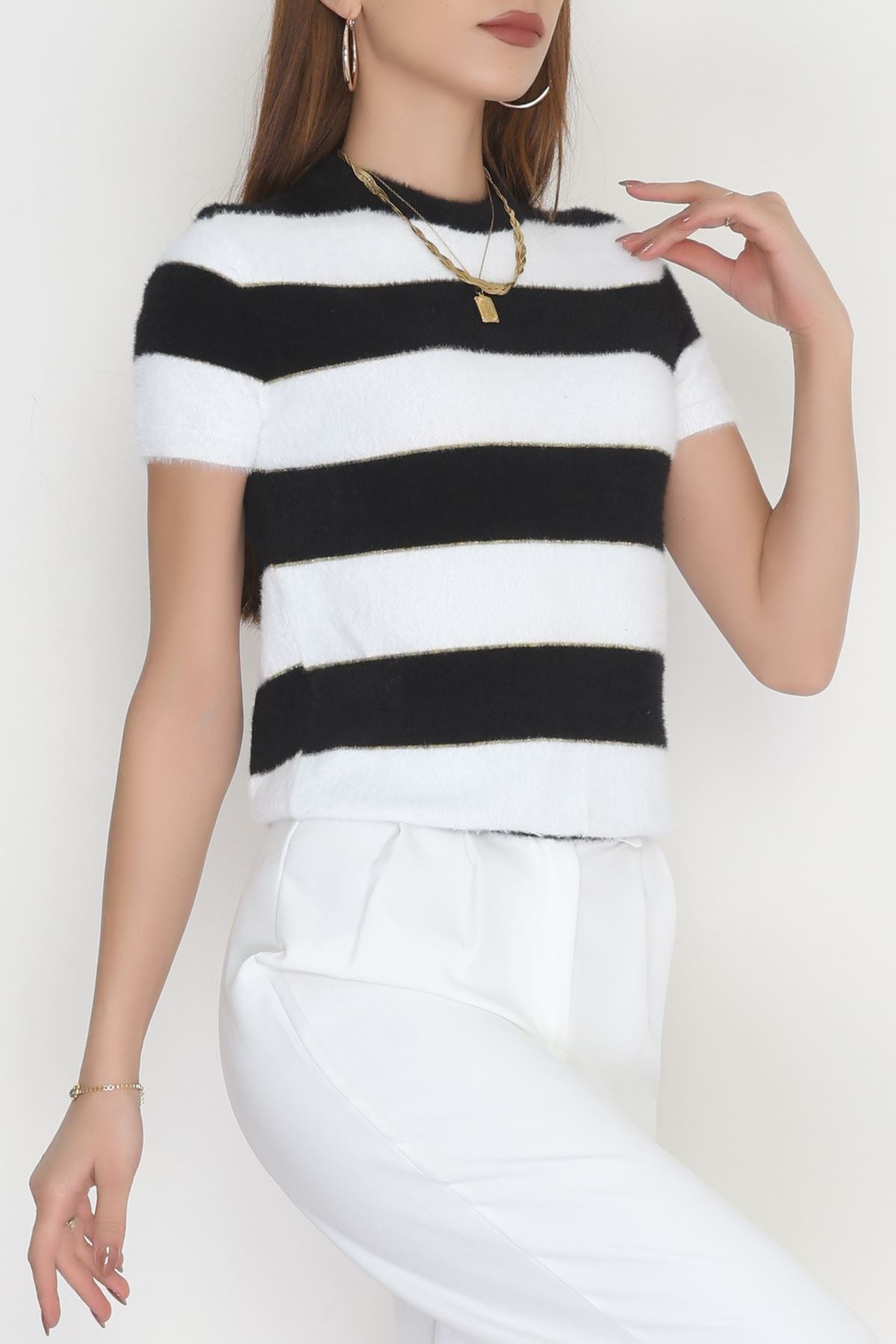 Çizgili Kısa Kollu Triko Siyah - 2304.1765.
