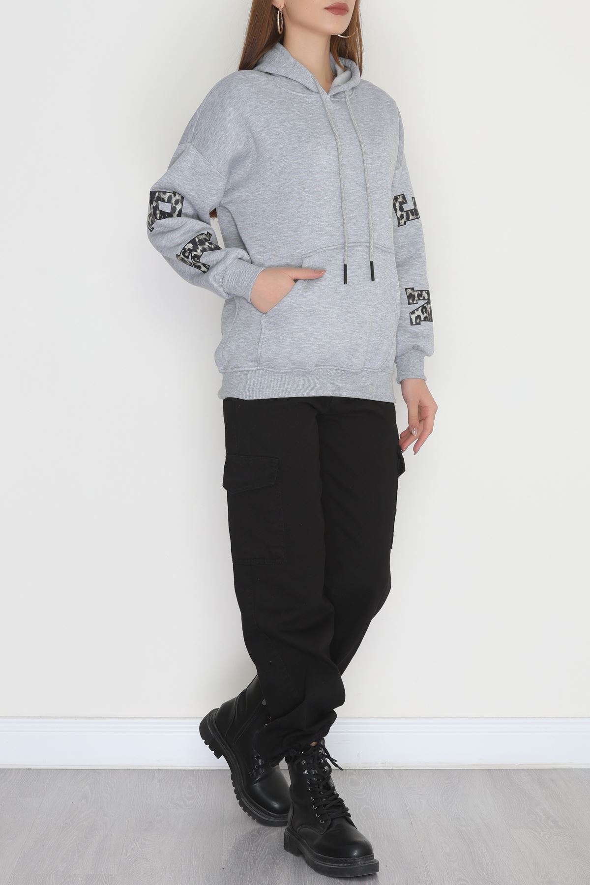 3 İplik Kanguru Cepli Kapşonlu Sweat Gri - 42249.1878.