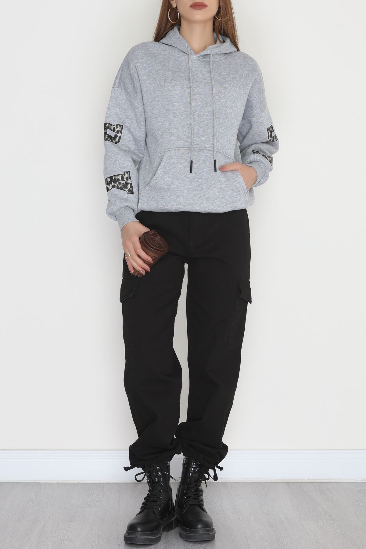 3 İplik Kanguru Cepli Kapşonlu Sweat Gri - 42249.1878.