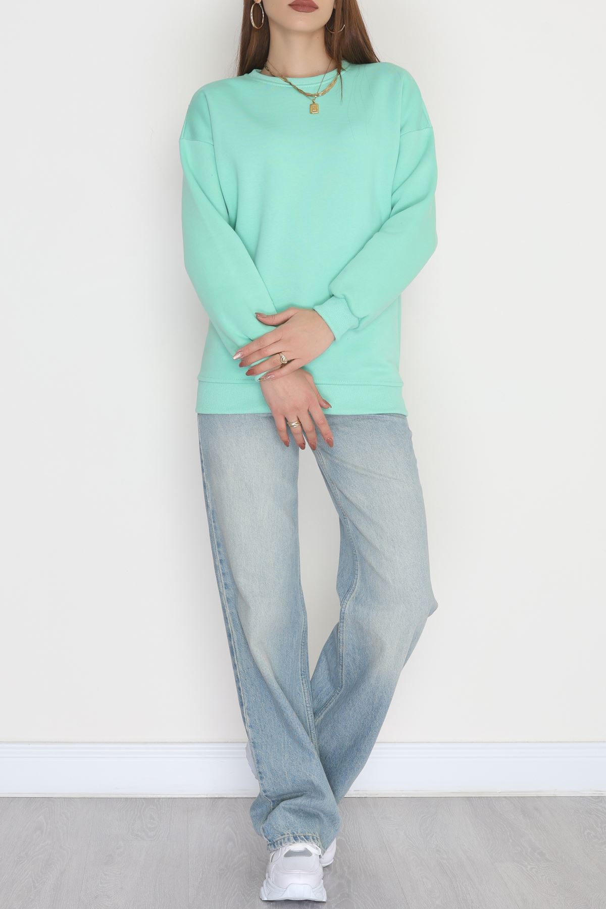 Bisiklet Yaka Üç İplik Sweat Çağla - 20138.1878.