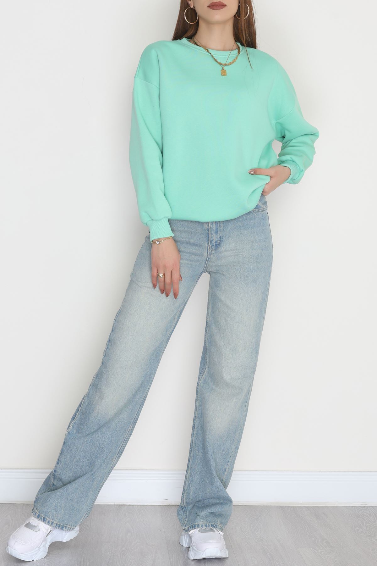 Bisiklet Yaka Üç İplik Sweat Çağla - 20138.1878.