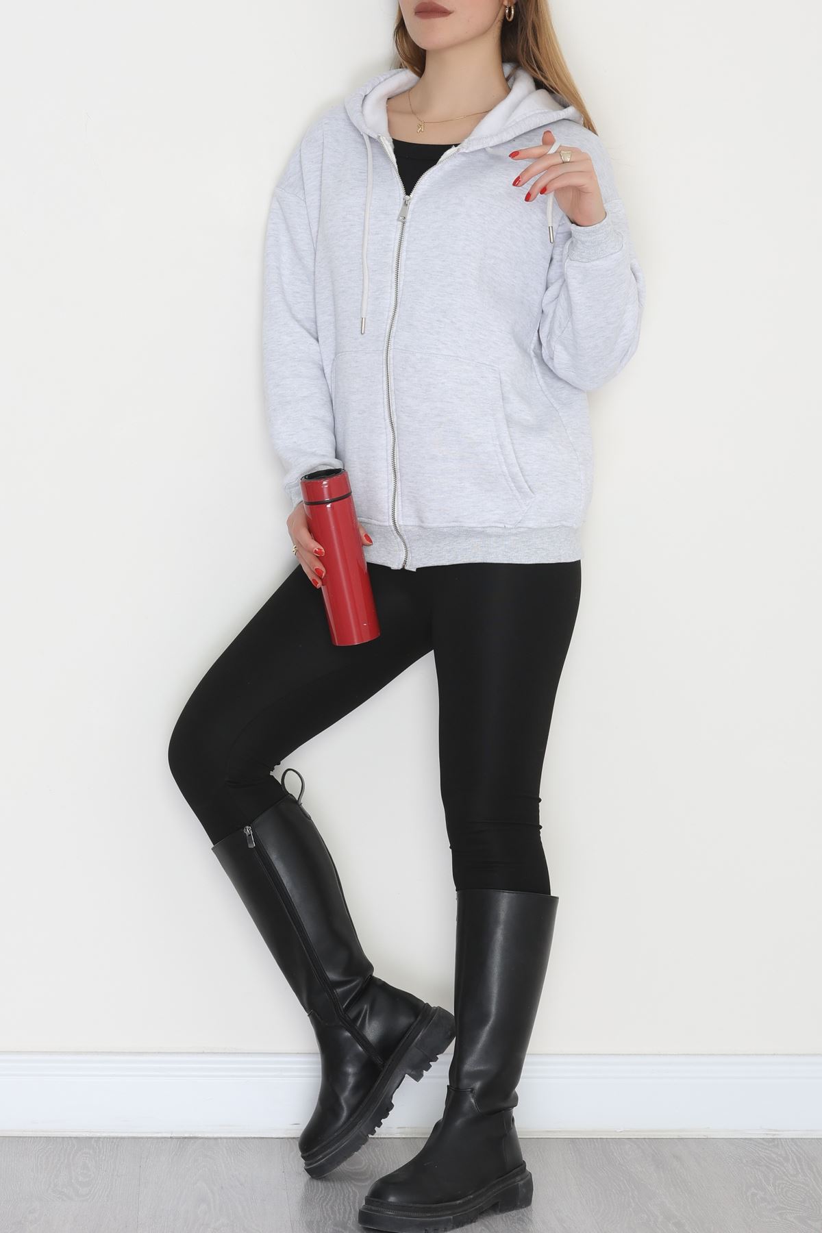 3 İplik Şardonlu Fermuarlı Kapşonlu Sweat Gri - 52070.2113.