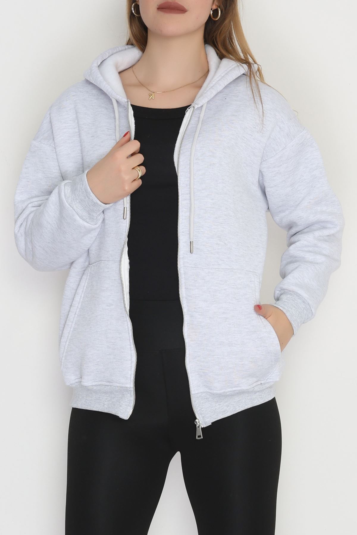 3 İplik Şardonlu Fermuarlı Kapşonlu Sweat Gri - 52070.2113.