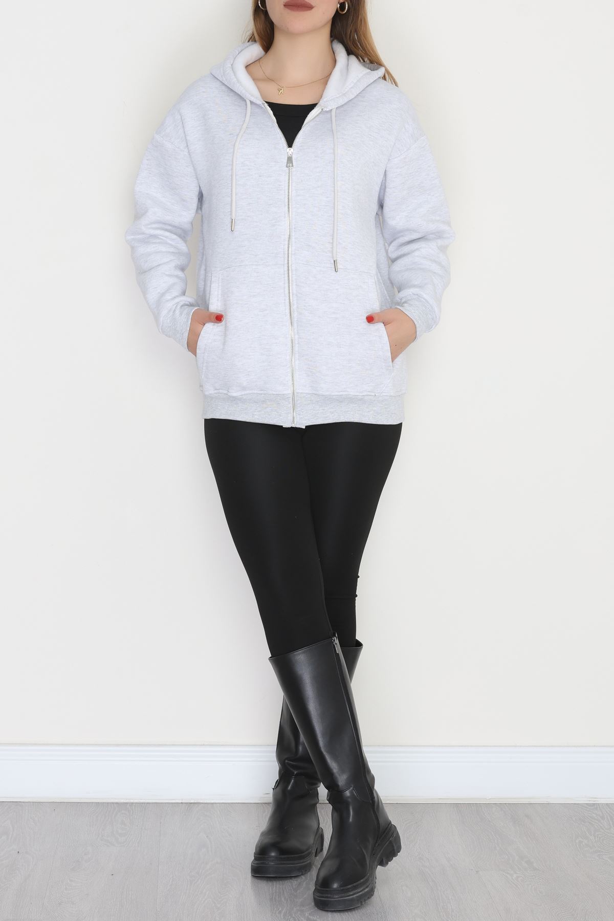 3 İplik Şardonlu Fermuarlı Kapşonlu Sweat Gri - 52070.2113.