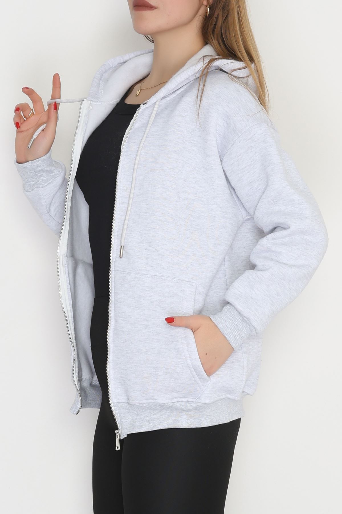 3 İplik Şardonlu Fermuarlı Kapşonlu Sweat Gri - 52070.2113.