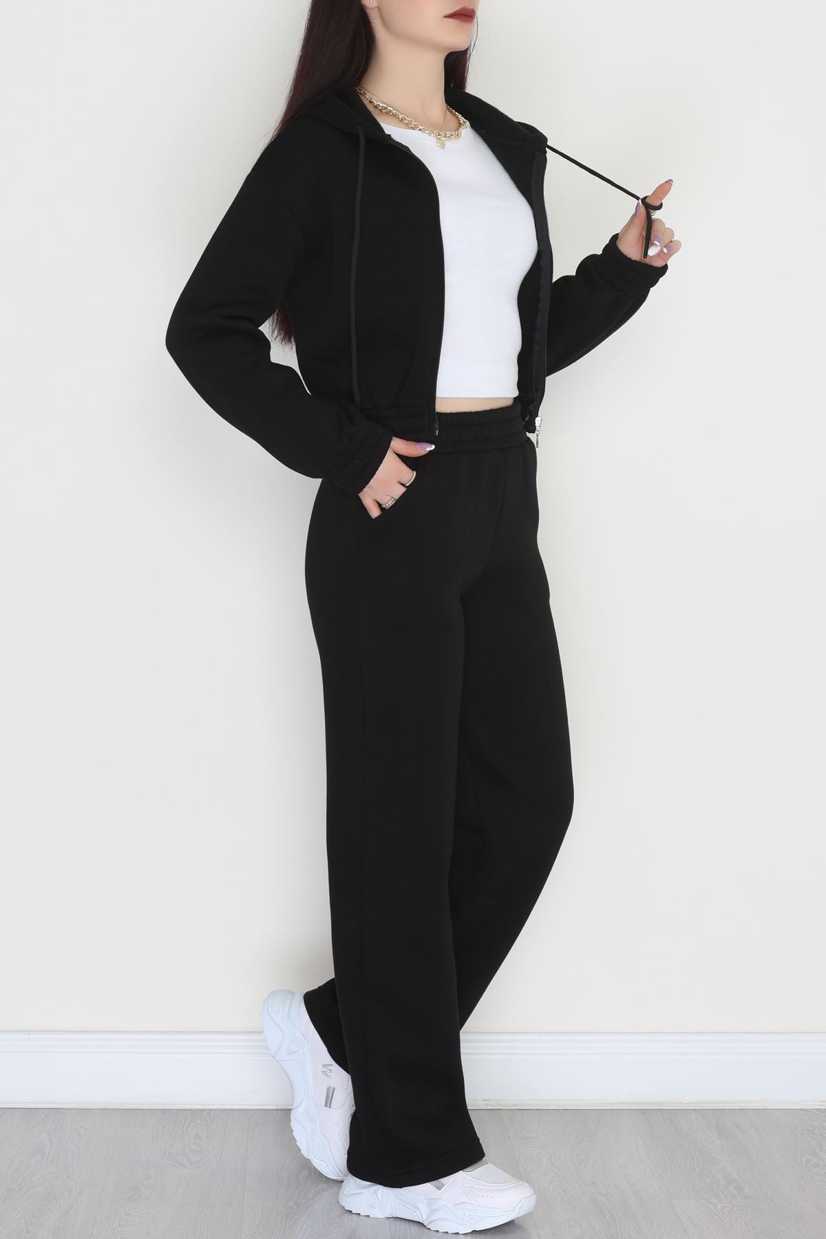 3 İplik Crop Palazzo Eşofman Takımı Siyah - 50914.1878.