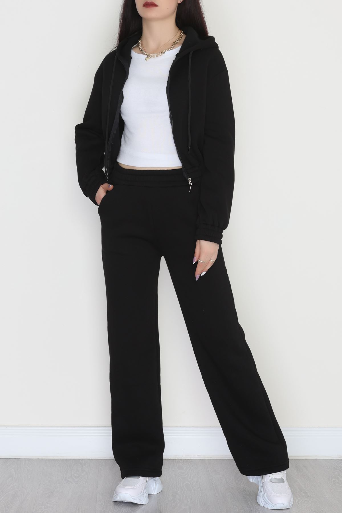 3 İplik Crop Palazzo Eşofman Takımı Siyah - 50914.1878.