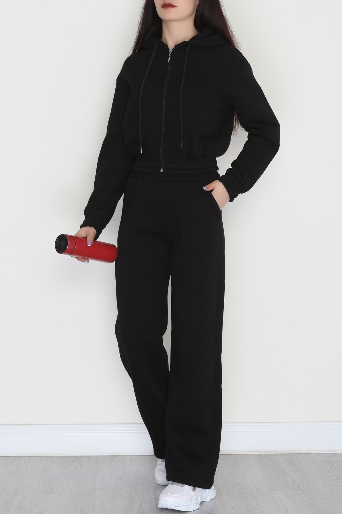 3 İplik Crop Palazzo Eşofman Takımı Siyah - 50914.1878.