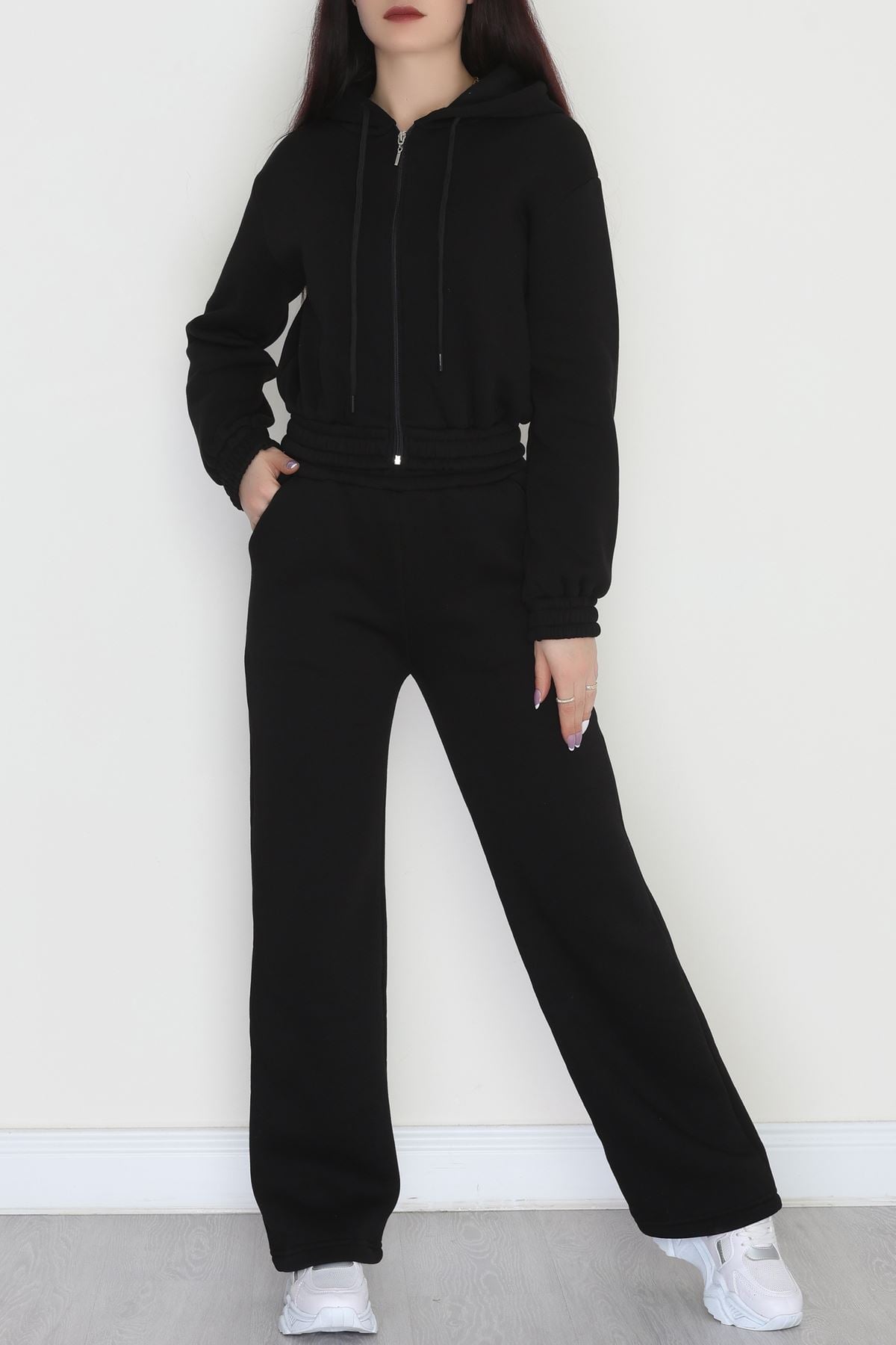 3 İplik Crop Palazzo Eşofman Takımı Siyah - 50914.1878.