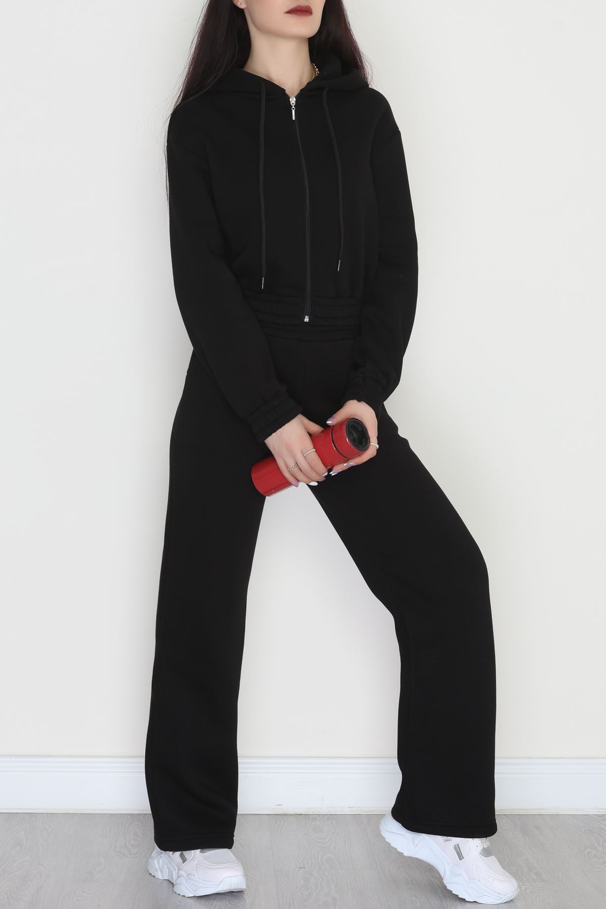 3 İplik Crop Palazzo Eşofman Takımı Siyah - 50914.1878.