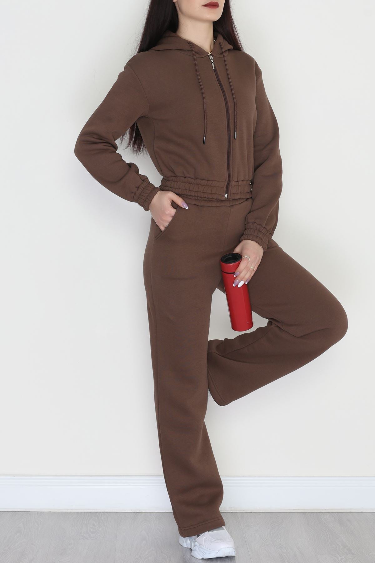 3 İplik Crop Palazzo Eşofman Takımı Kahve - 50914.1878.