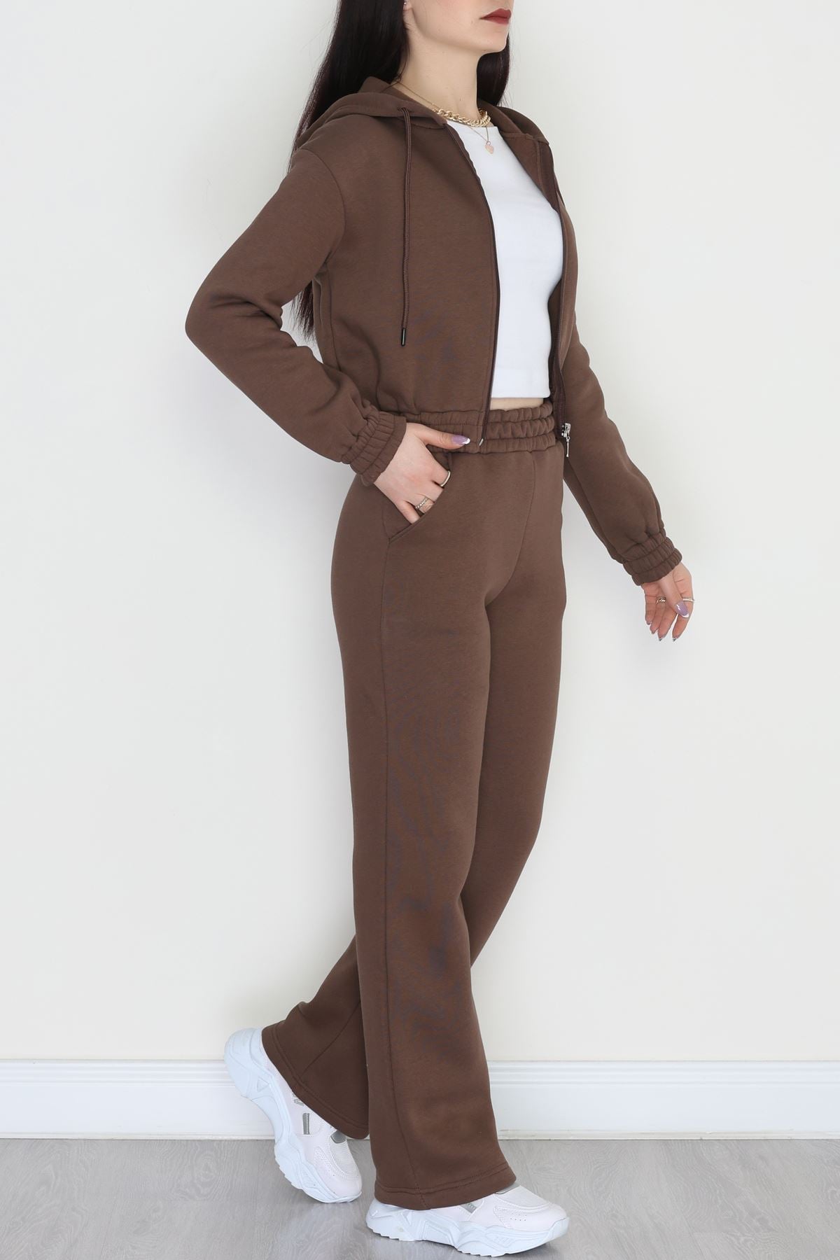 3 İplik Crop Palazzo Eşofman Takımı Kahve - 50914.1878.