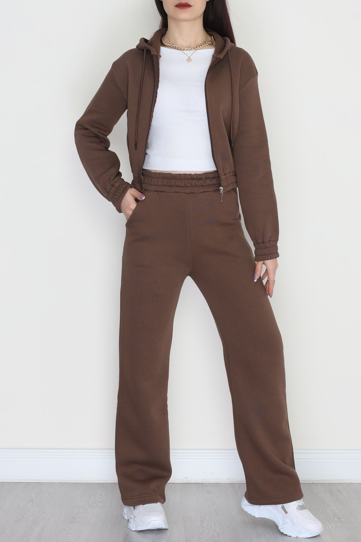 3 İplik Crop Palazzo Eşofman Takımı Kahve - 50914.1878.