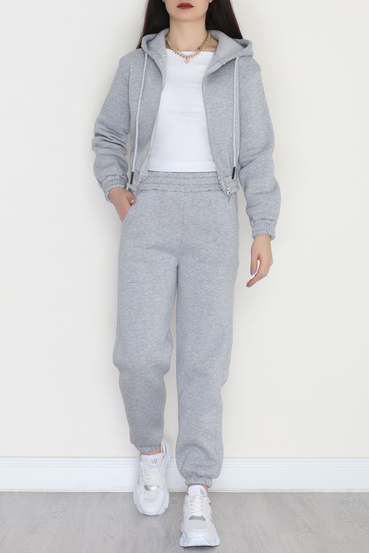 3 İplik Crop Eşofman Takımı Gri - 50913.1878.