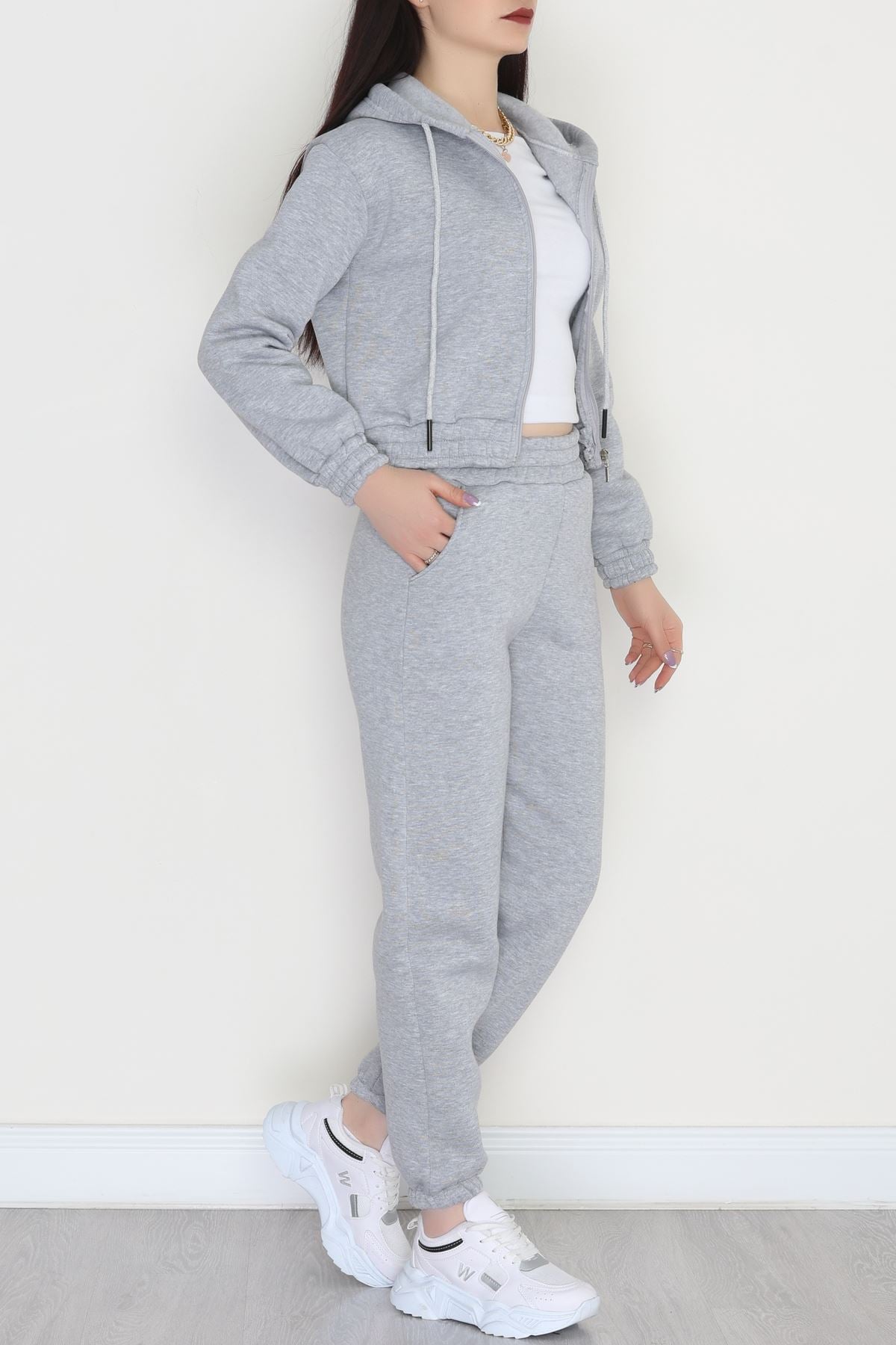 3 İplik Crop Eşofman Takımı Gri - 50913.1878.