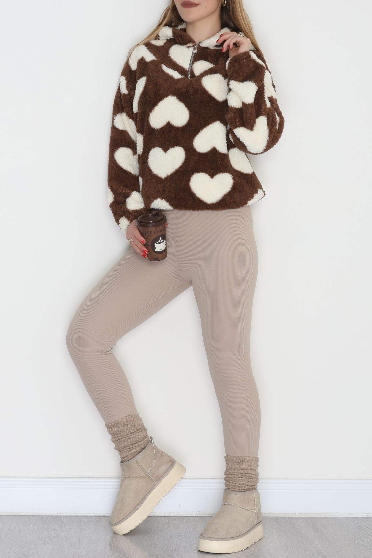 Welsoft Kumaş Kalpli Kapşonlu Fermuarlı Sweat Kahvebeyaz - 31608.308.