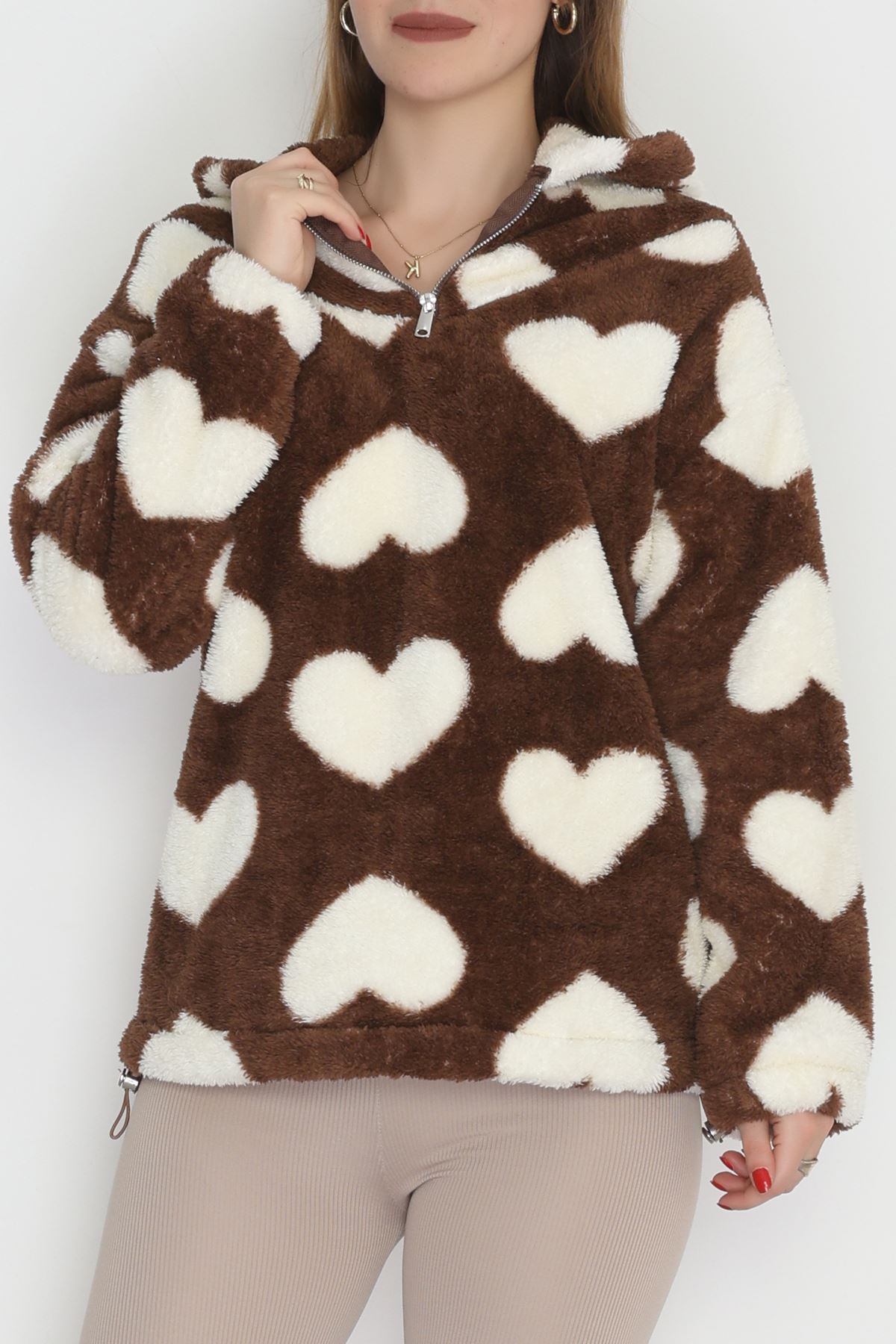 Welsoft Kumaş Kalpli Kapşonlu Fermuarlı Sweat Kahvebeyaz - 31608.308.