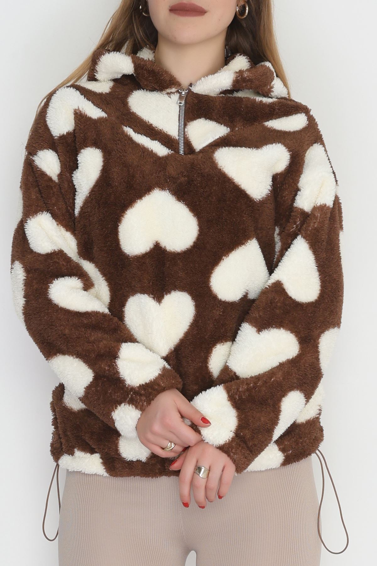 Welsoft Kumaş Kalpli Kapşonlu Fermuarlı Sweat Kahvebeyaz - 31608.308.